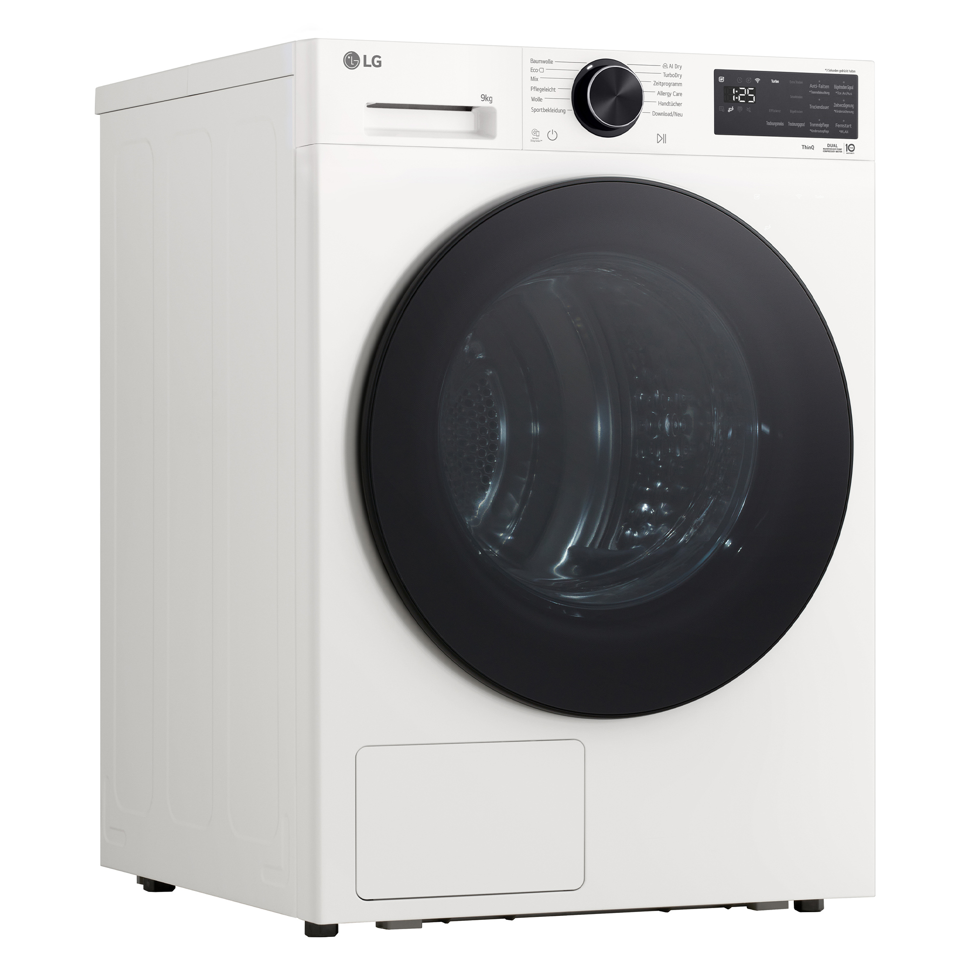 Eine weiße LG Waschmaschine mit schwarzer Tür und Bedienfeld.