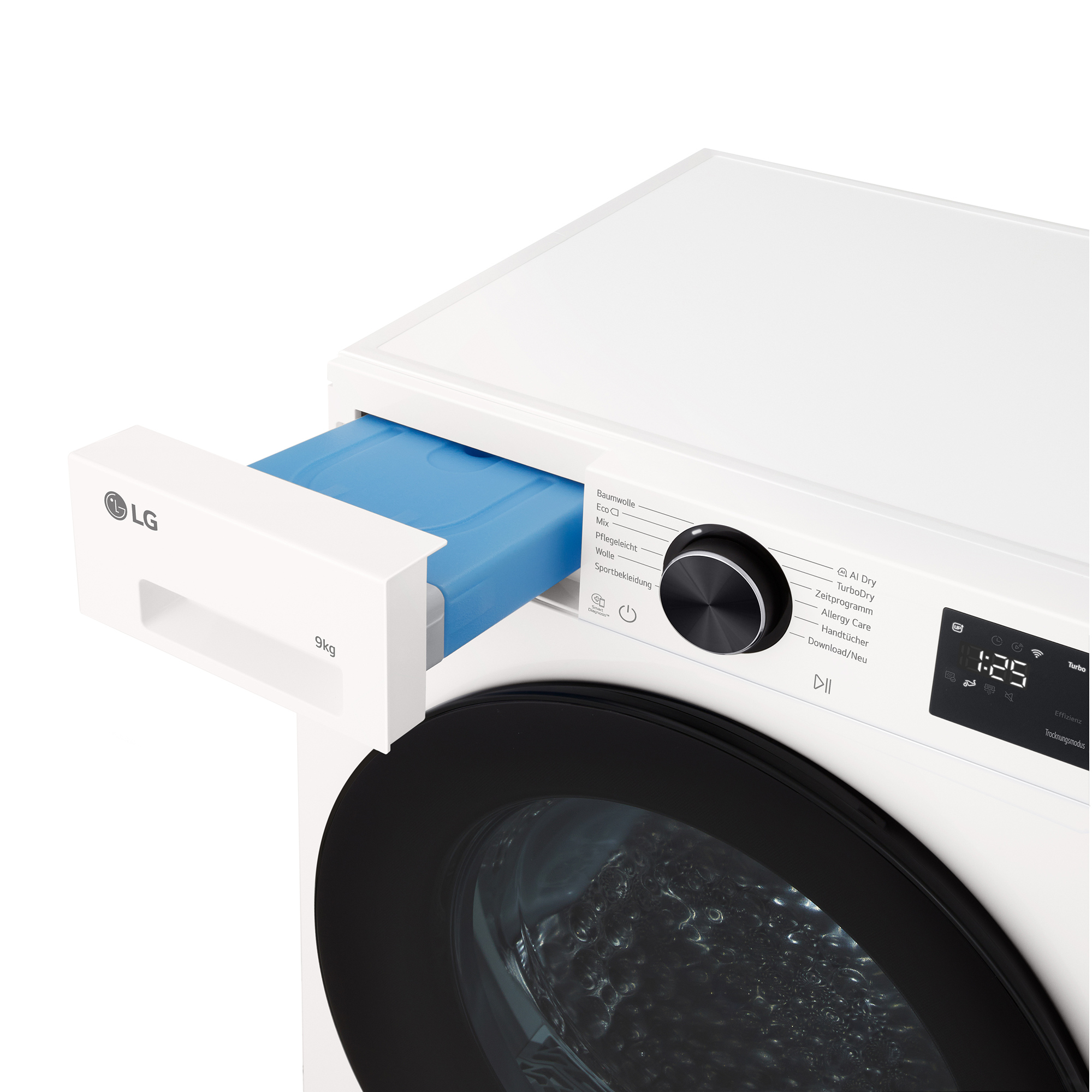 Weiße LG Waschmaschine mit offenem Fach und blauer Einlage. Drehrad für Programme.