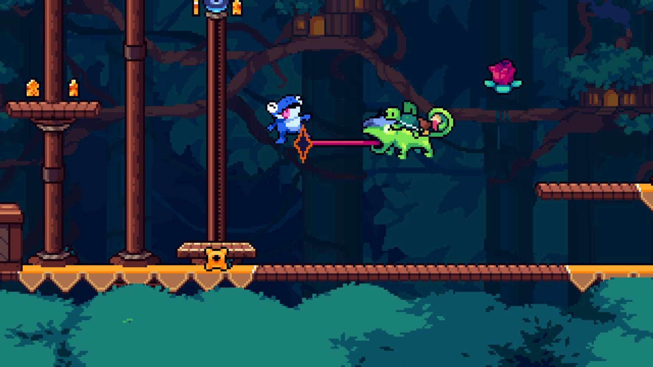 Ein blauer Frosch springt auf ein grünes Chamäleon zu, das eine Zunge ausstreckt.