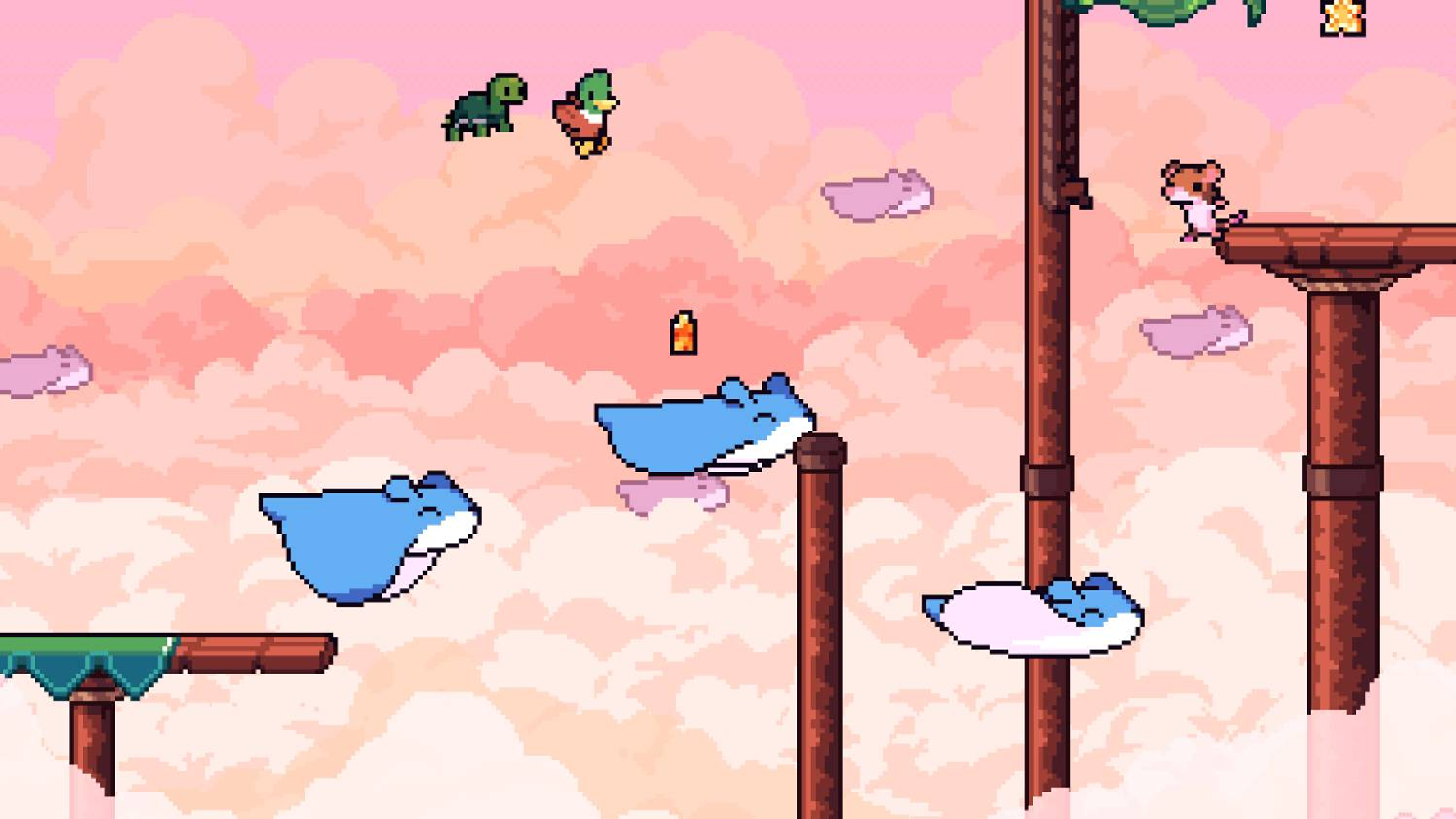 Pixel-Charaktere schweben durch eine rosafarbene Wolkenlandschaft mit Holzplattformen.