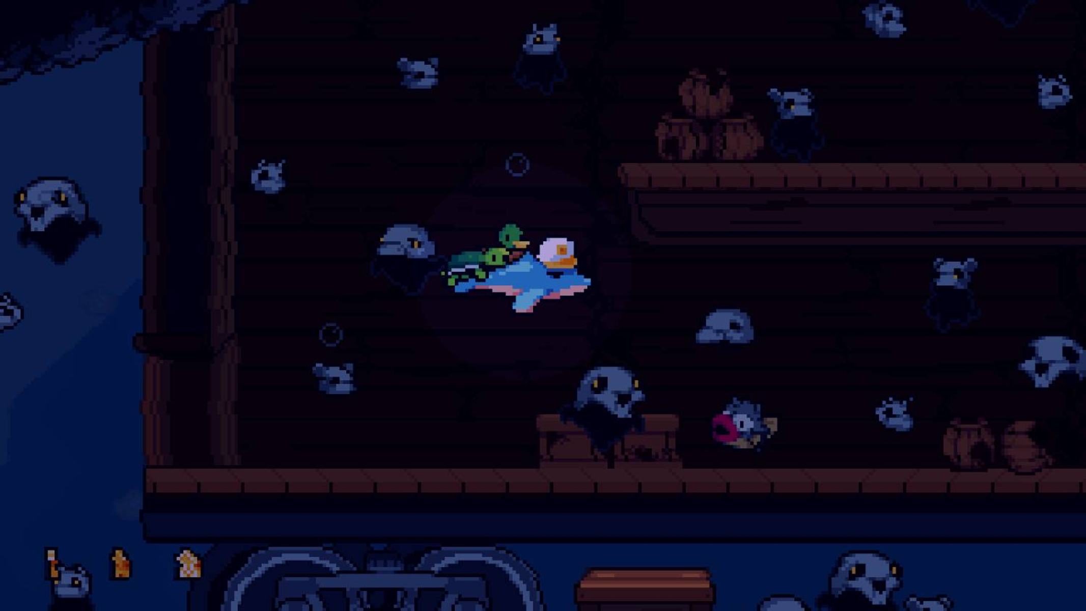 Scena di gioco pixel art con personaggi su una creatura blu, fantasmi e barili.