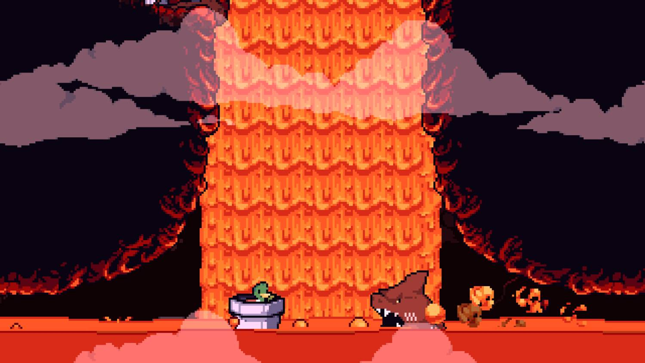 Scena pixel art con stagno, mostro squalo e pony neonato davanti a lava fiammeggiante.