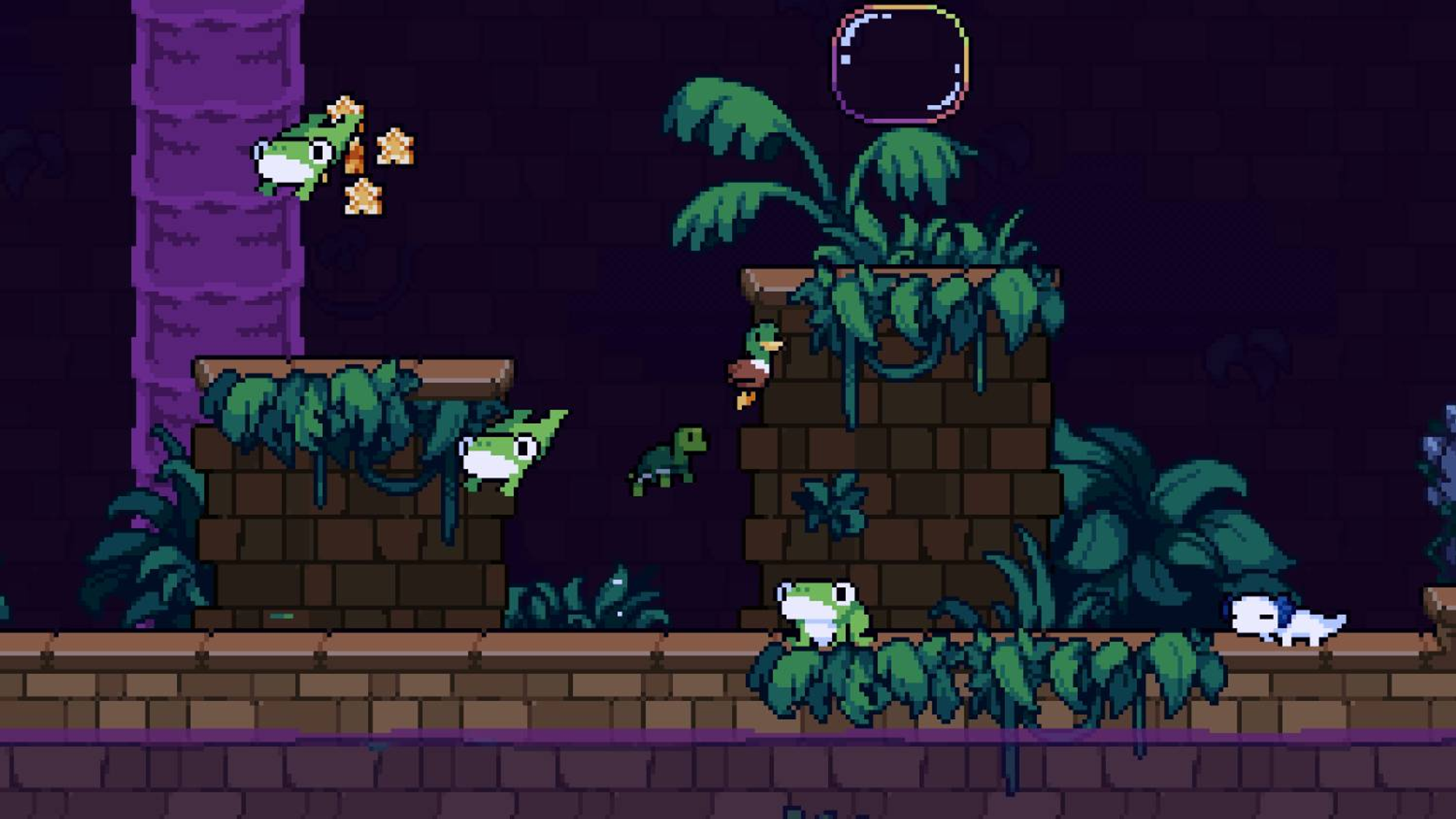 Scena di gioco pixel art con rane, tartaruga, anatra e cane su piattaforme.