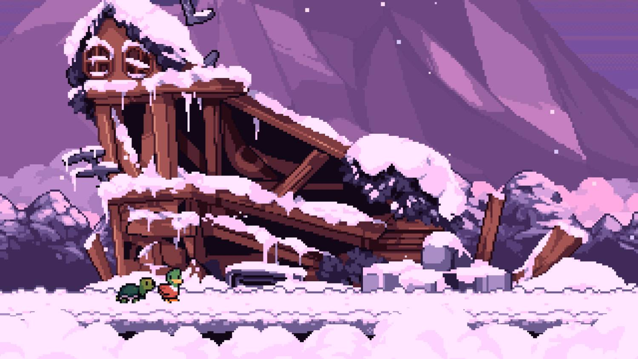 Una casa distrutta nella neve con una tartaruga e un'anatra.