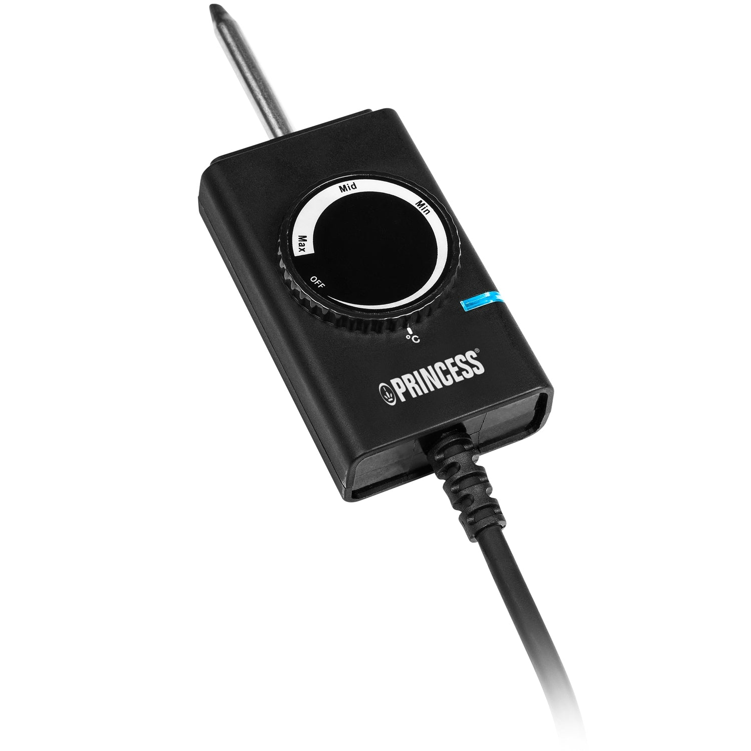 Regolatore di temperatura nero con selettore per Min, Mid, Max e Off.