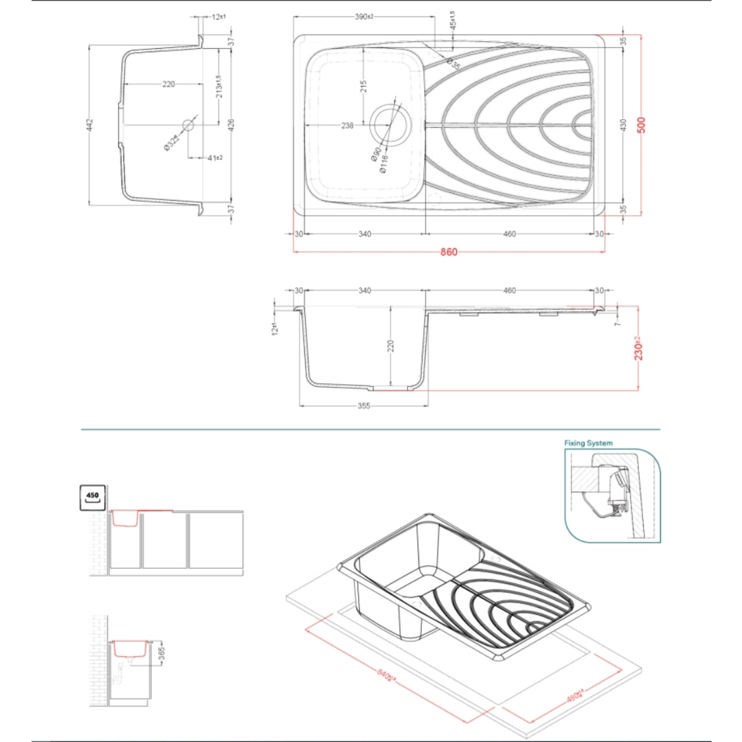 Disegno tecnico di un lavello con dimensioni e dettagli di installazione.