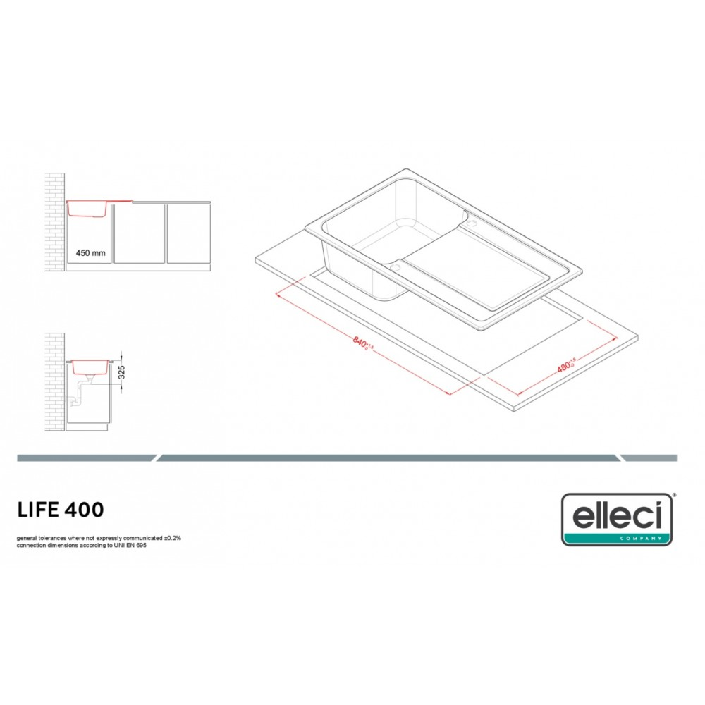 Disegno tecnico di un lavello con dimensioni 840x480mm e altezza di installazione 450mm.