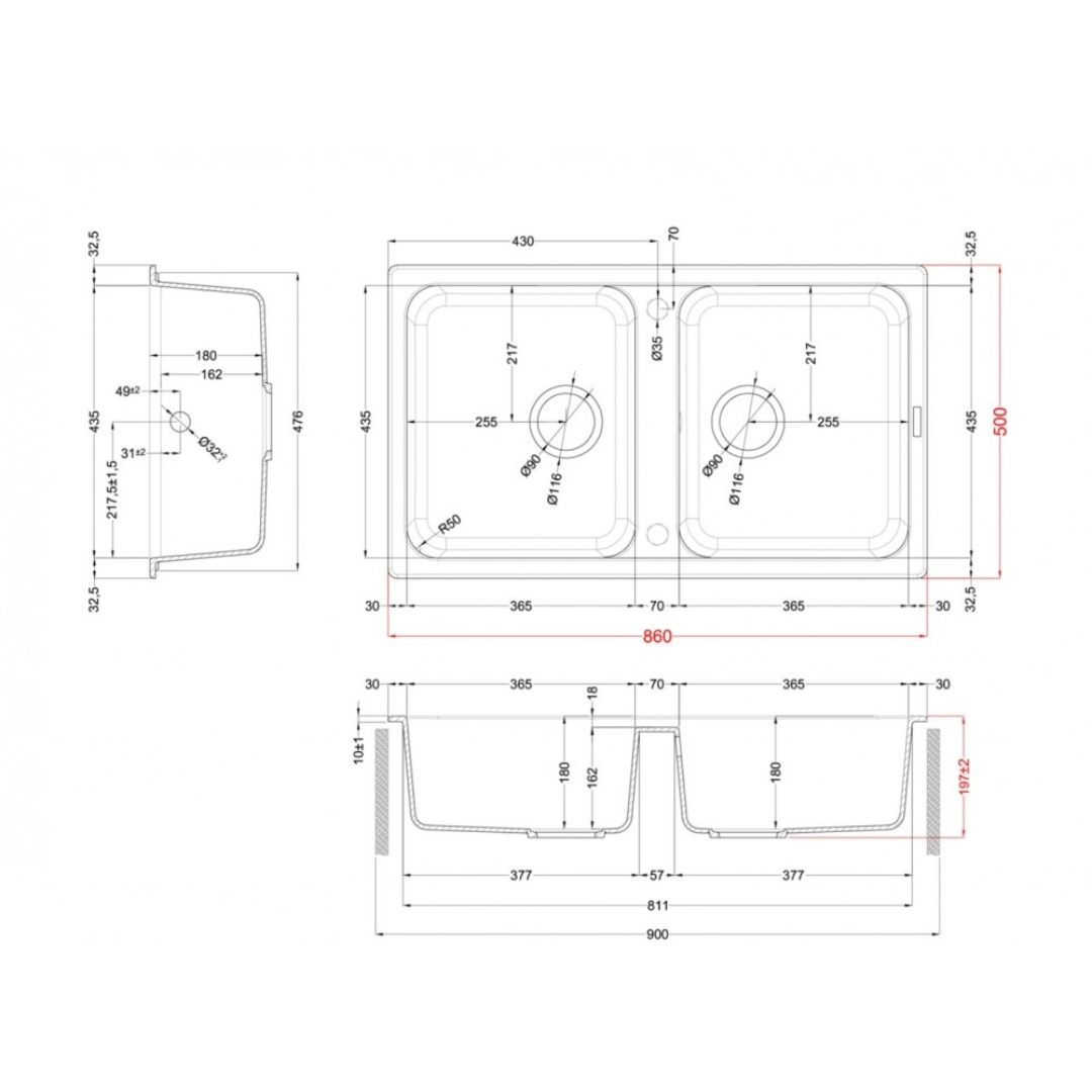 Disegno tecnico di un lavello doppio con dimensioni.