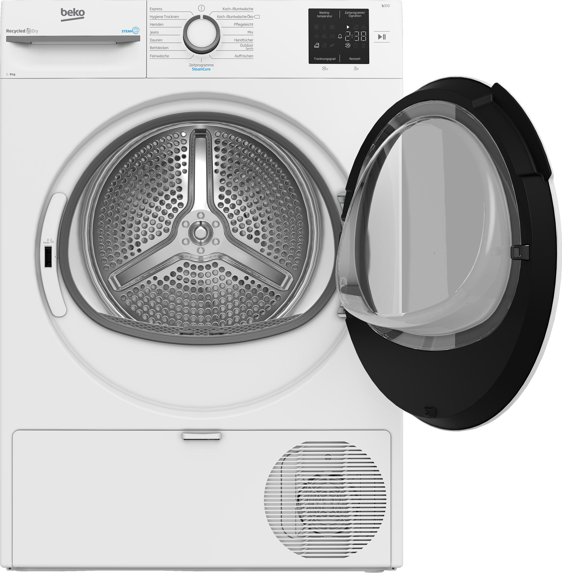 Eine weiße Beko-Wäschetrockner-Tür ist geöffnet. Das Bedienfeld mit digitalem Display ist sichtbar.