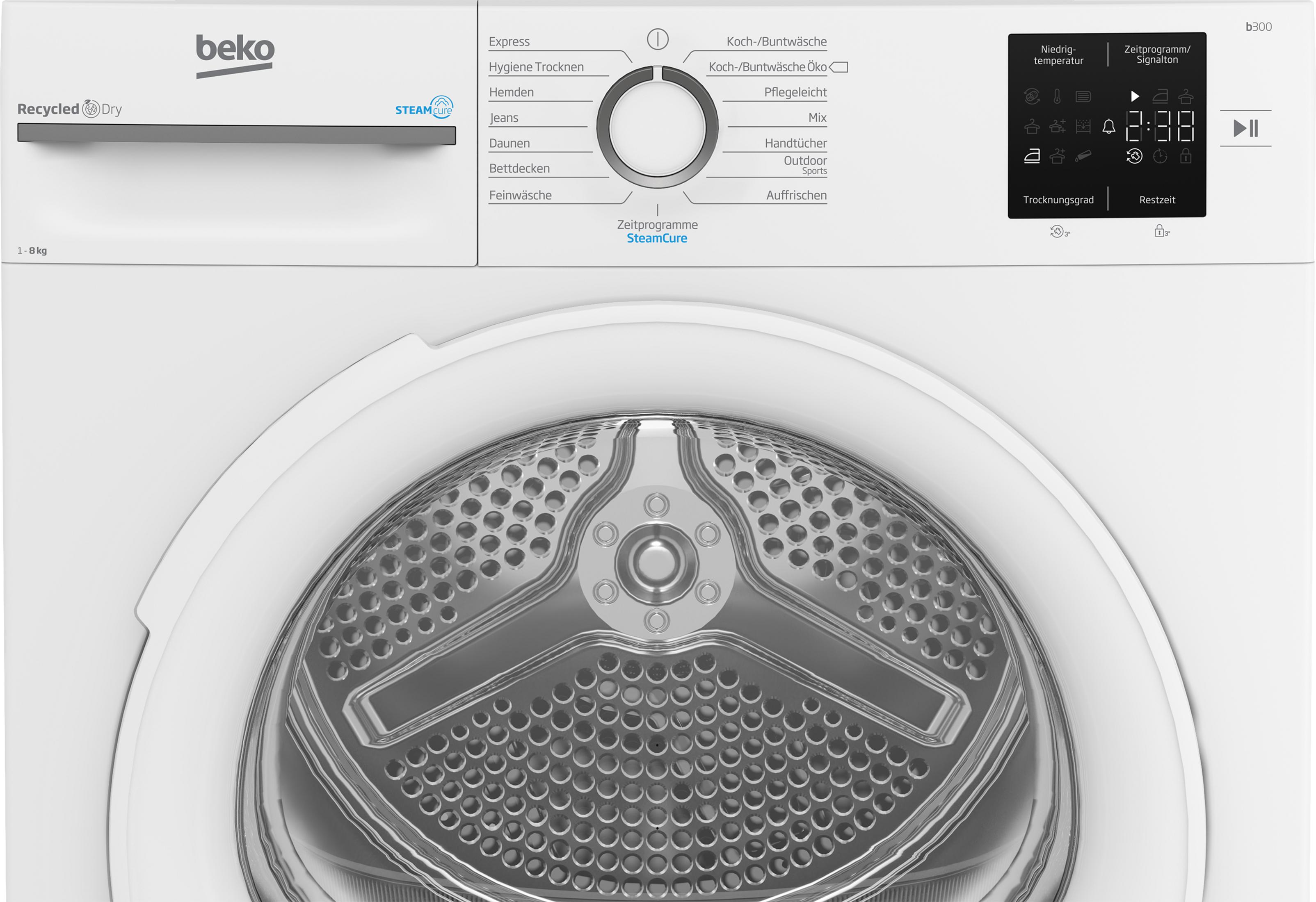 Weiße Beko Wäschetrocknermaschine mit digitalem Display und Programmwahl.
