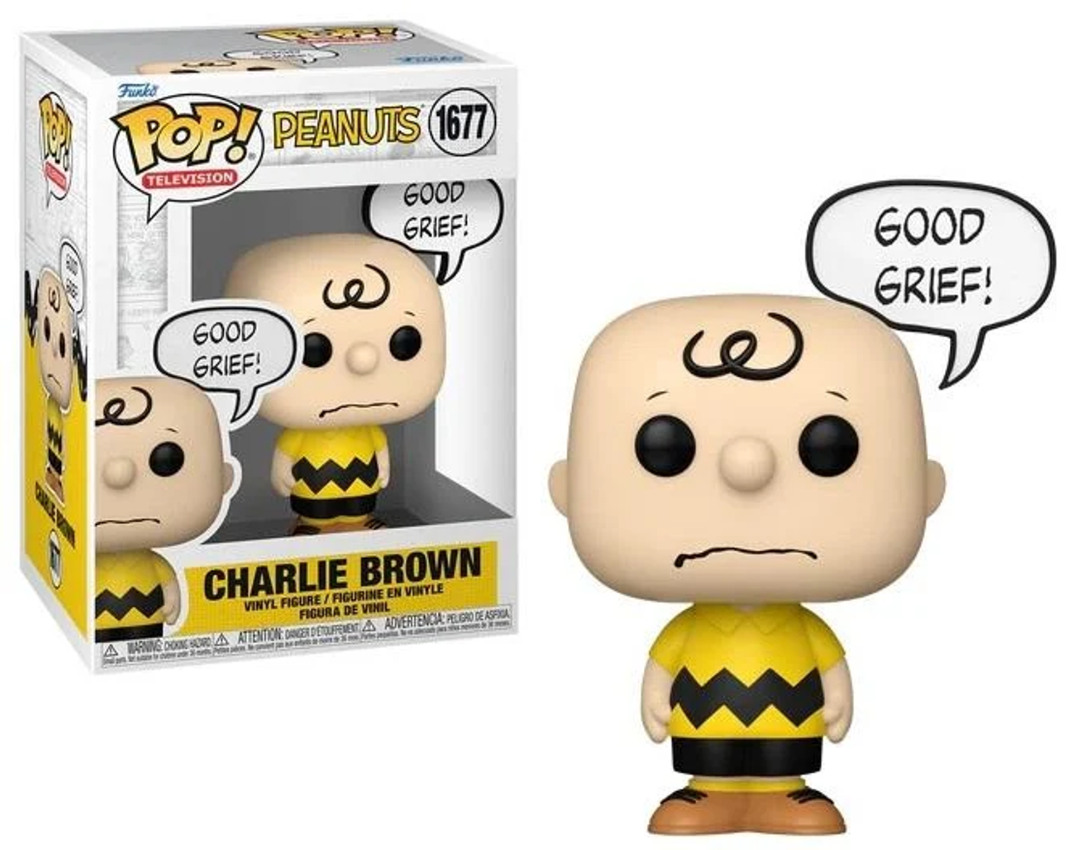Una figura de Charlie Brown de Funko Pop! con su camiseta amarilla con patrón de zigzag negro.