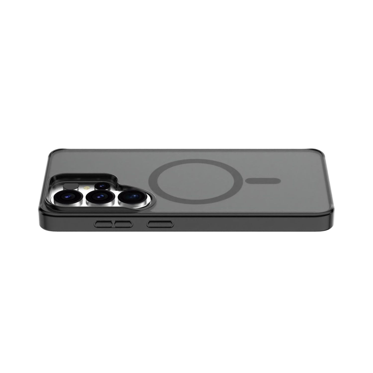 Smartphone nero con quattro lenti e un cerchio magnetico sul retro.