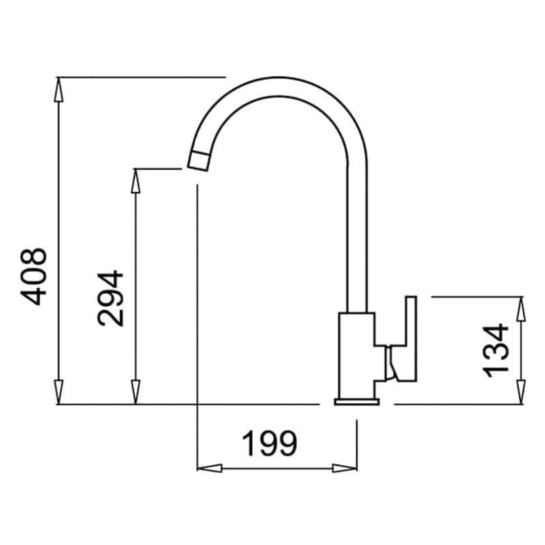 Disegno tecnico di un rubinetto con dimensioni.