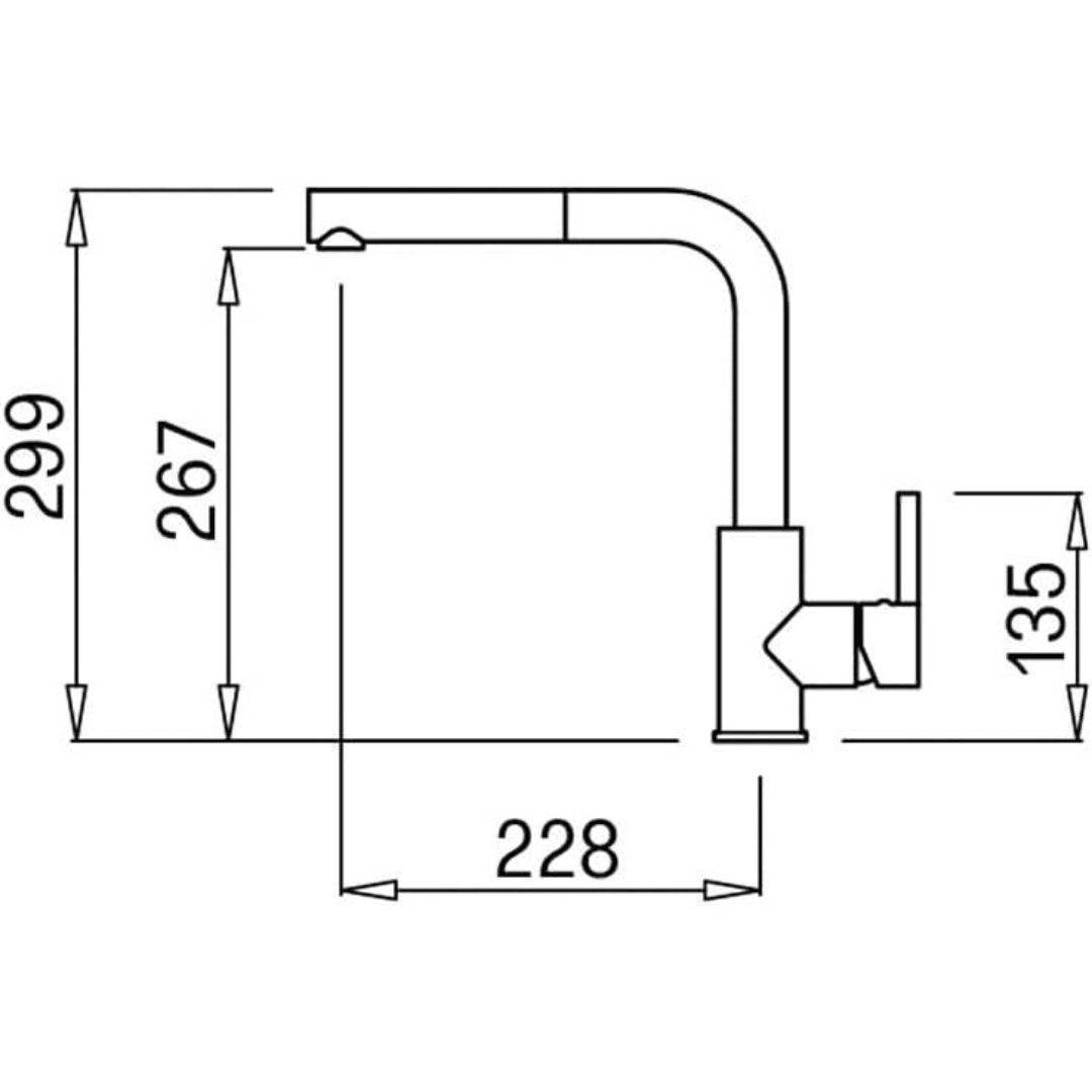 Disegno tecnico di un rubinetto con dimensioni: altezza 299, 267, 135; profondità 228.