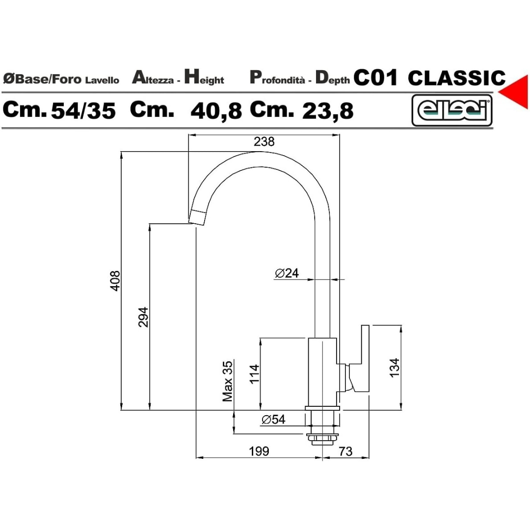 Disegno tecnico di un rubinetto con misure in cm. Base Ø54mm.