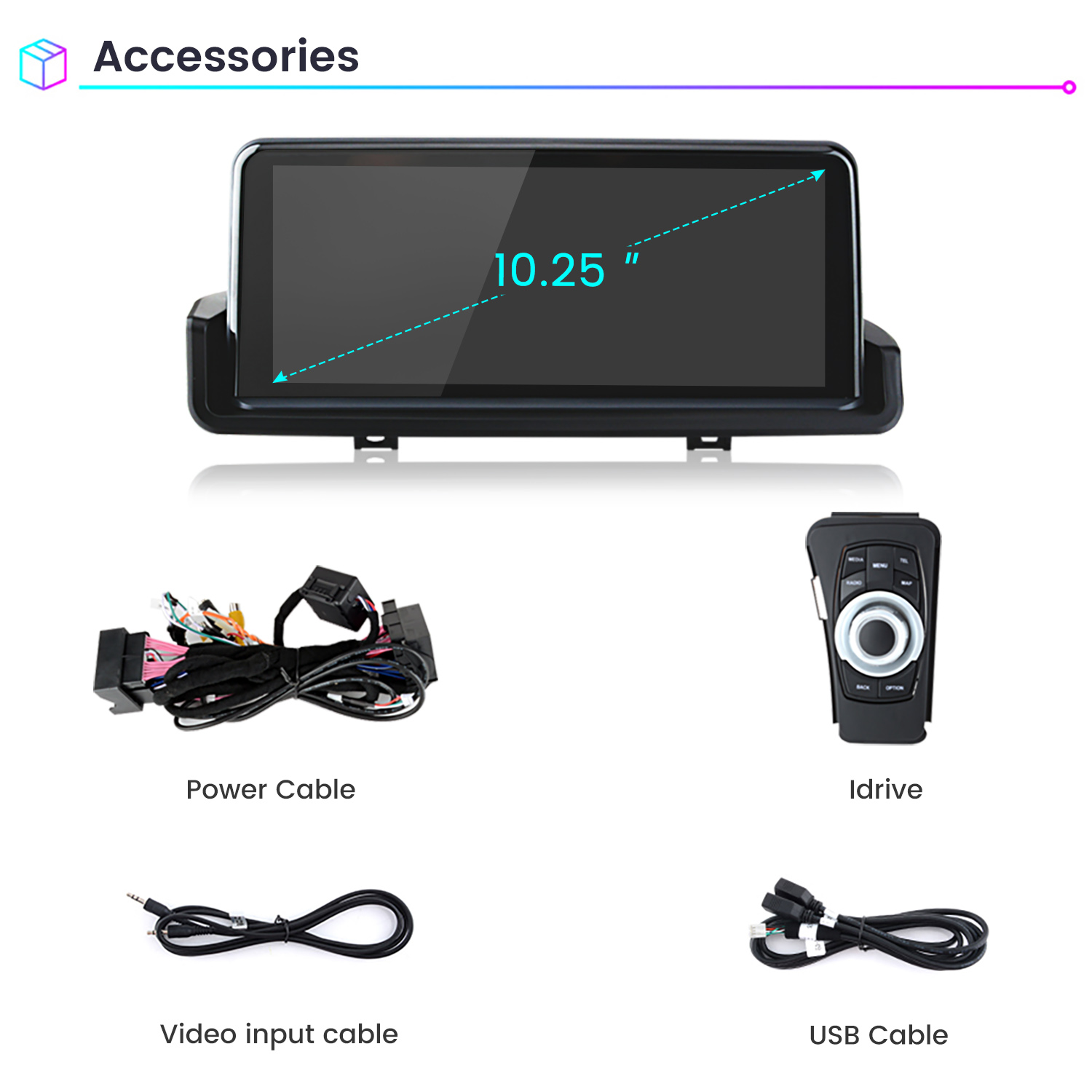 Akcesoria samochodowe: ekran 10,25", kabel zasilający, kabel wideo, kabel USB i kontroler iDrive.