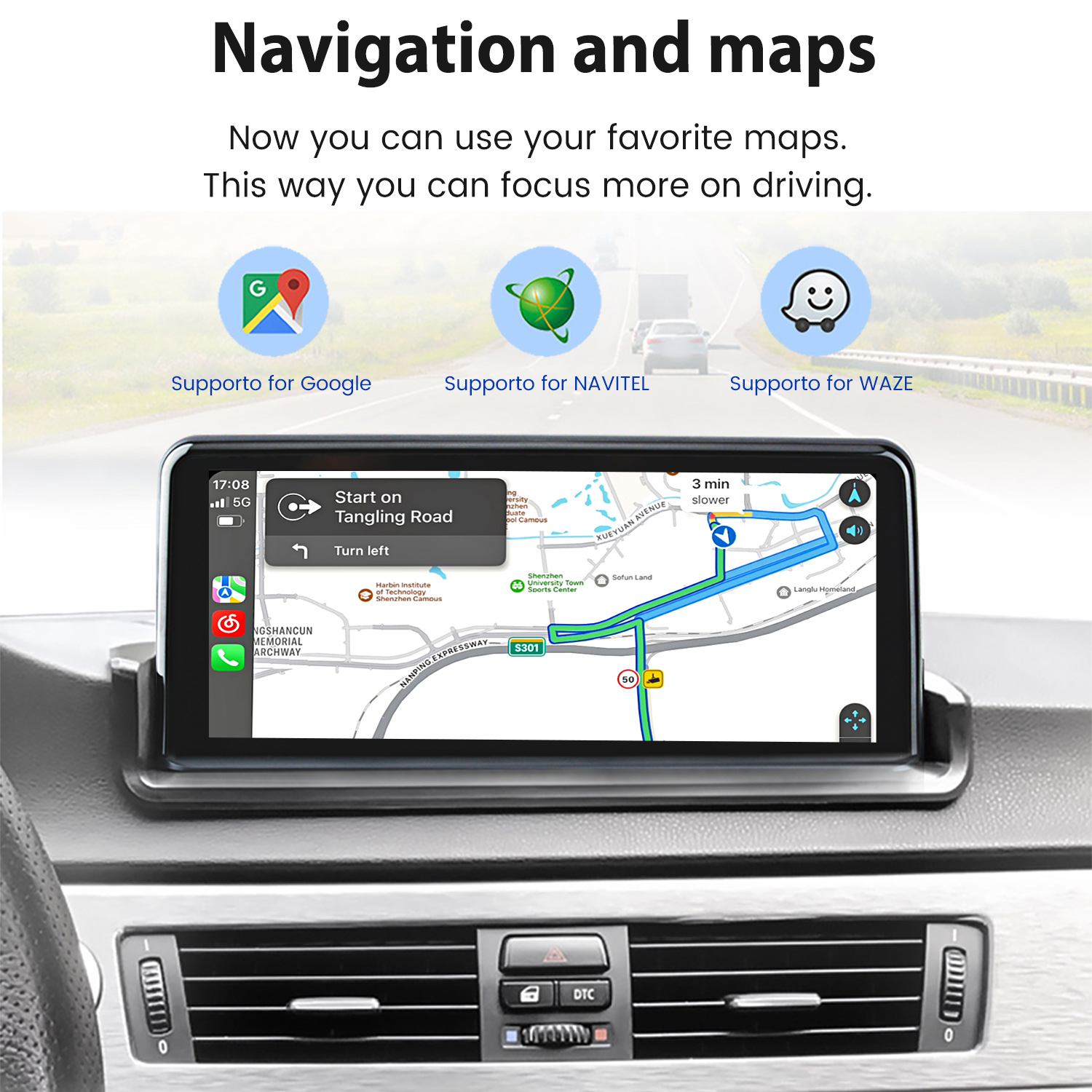 Samochodowy system nawigacji pokazujący ikony Google, Navitel, Waze i widok mapy.