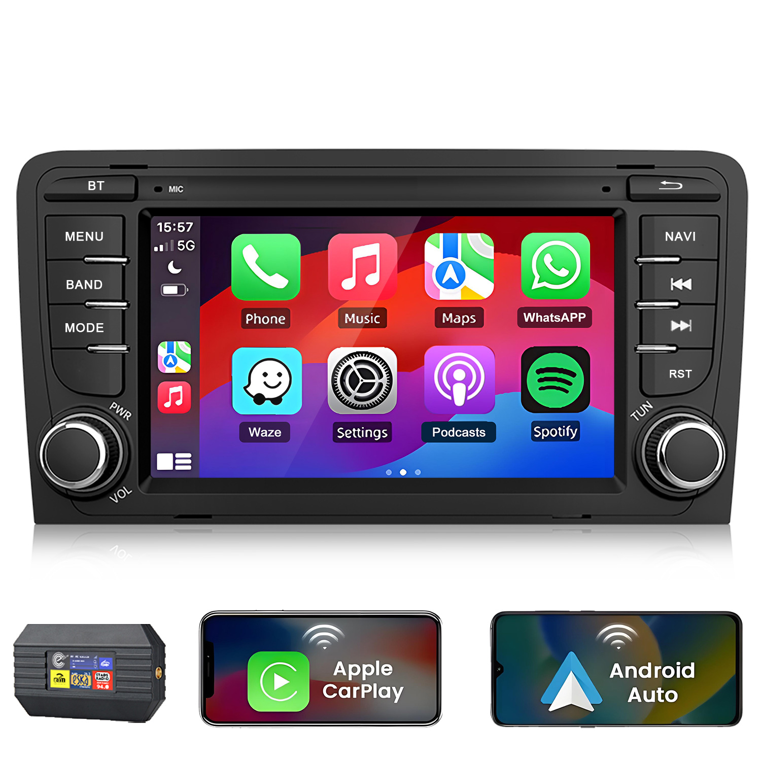 Wyświetlacz radia samochodowego z ikonami aplikacji, obok dwóch smartfonów z Apple CarPlay i Android Auto.