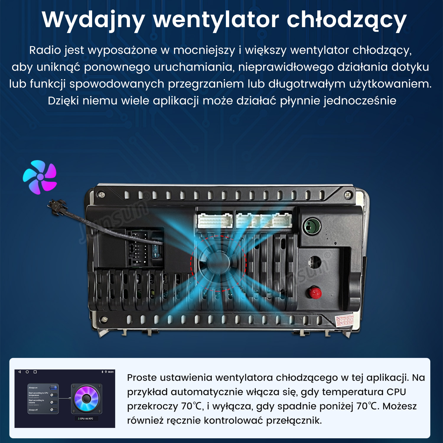 Wydajny wentylator chłodzący do radia, z kontrolą temperatury CPU w aplikacji.