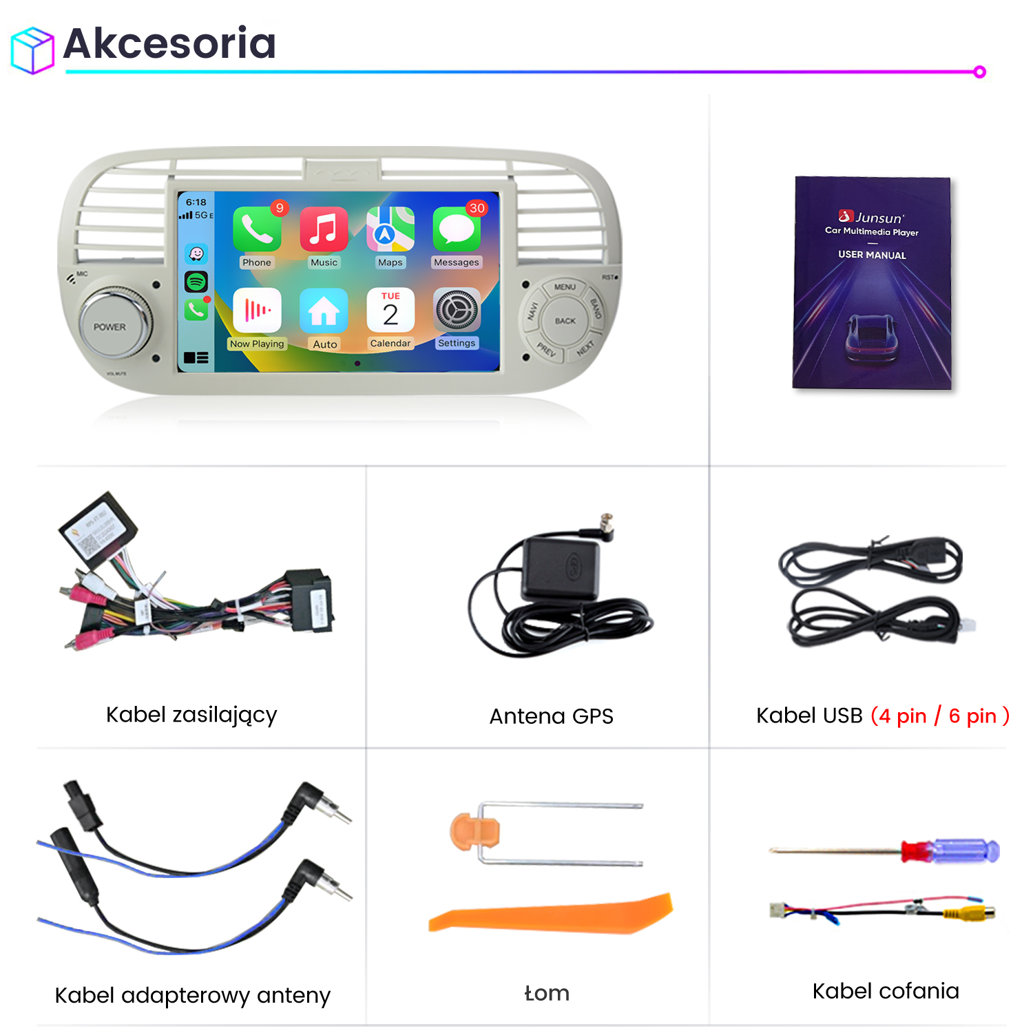 Akcesoria multimedialne do samochodu: Jednostka główna, instrukcja, kabel zasilający, antena GPS.