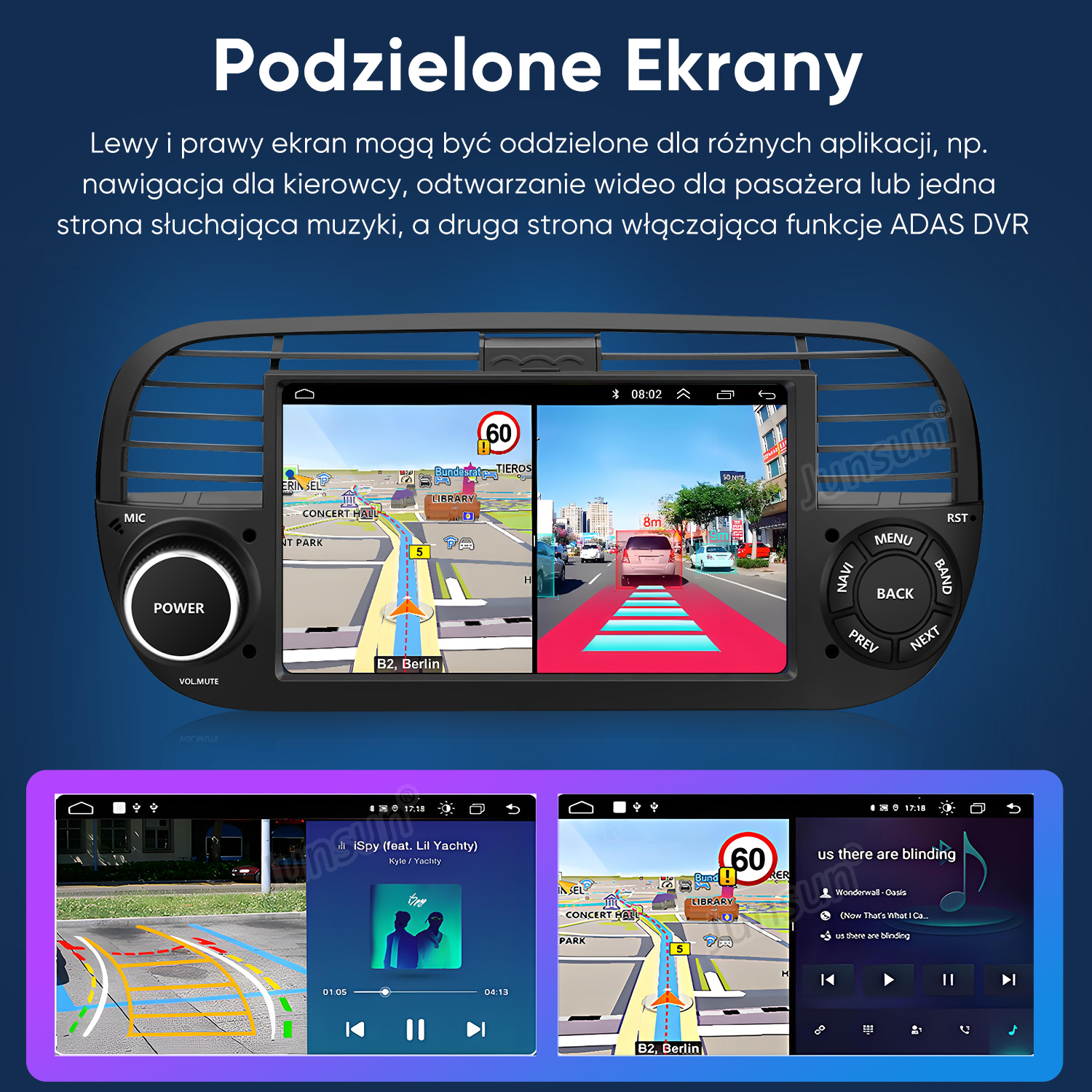 System informacyjno-rozrywkowy samochodu z podzielonym ekranem wyświetlający nawigację, kamerę cofania i muzykę.