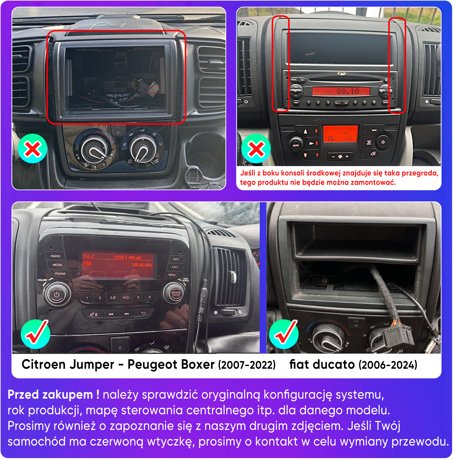 Deska rozdzielcza samochodu z pustym miejscem na radio i zamontowanym radiem.