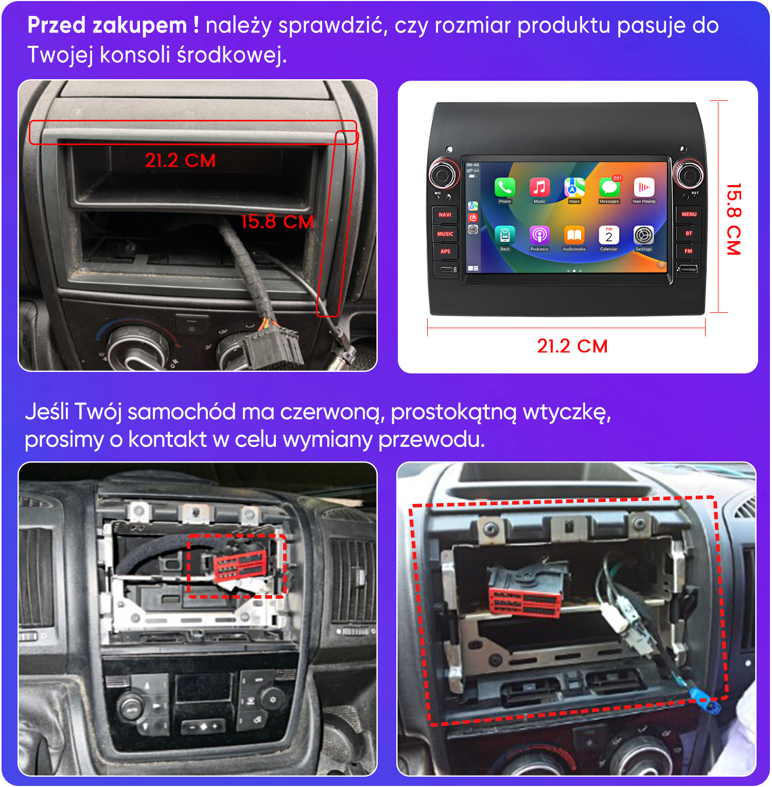 Wnętrze samochodu pokazujące wymiary wnęki i radia samochodowego.