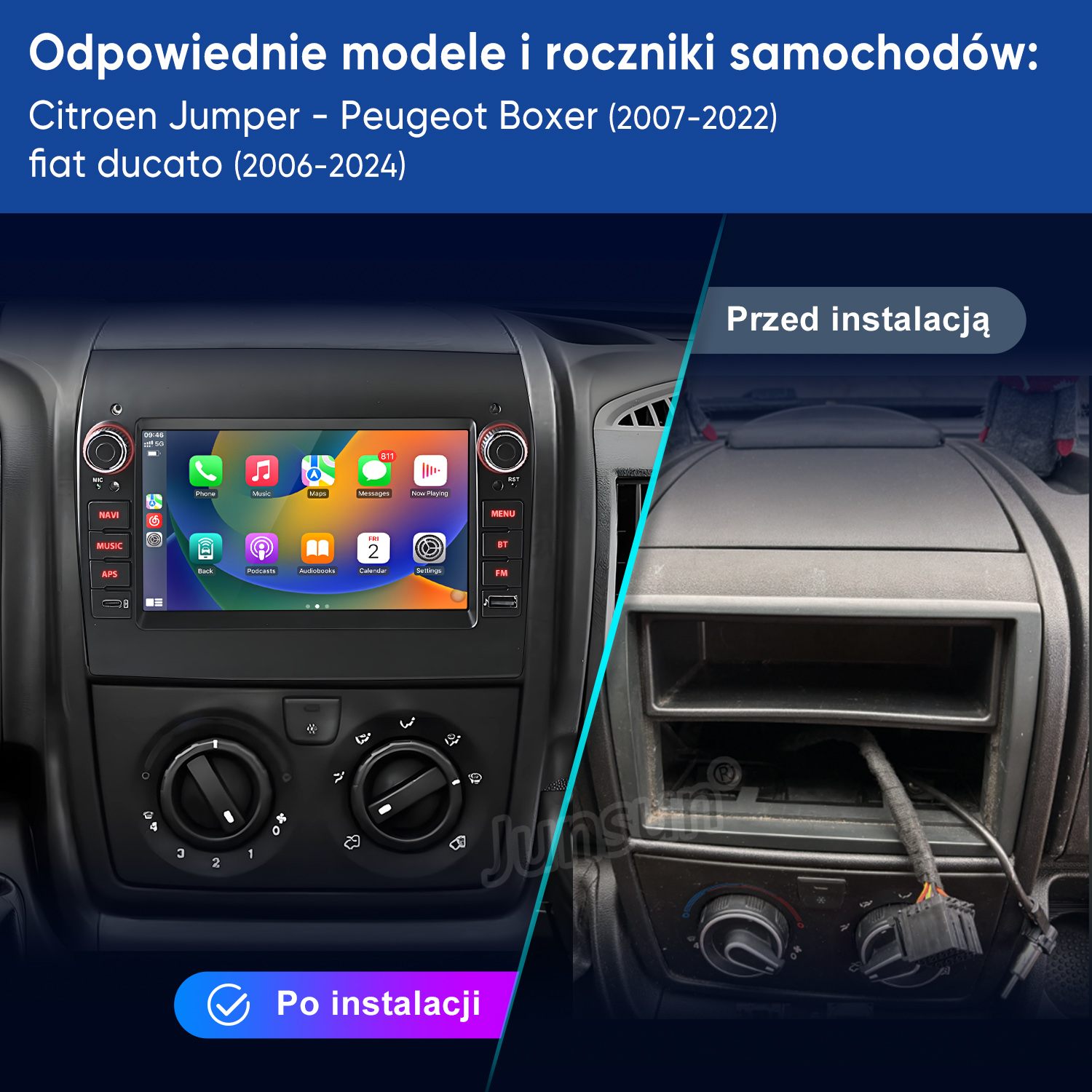 Porównanie radia samochodowego przed i po. Po lewej ekran, po prawej puste miejsce.