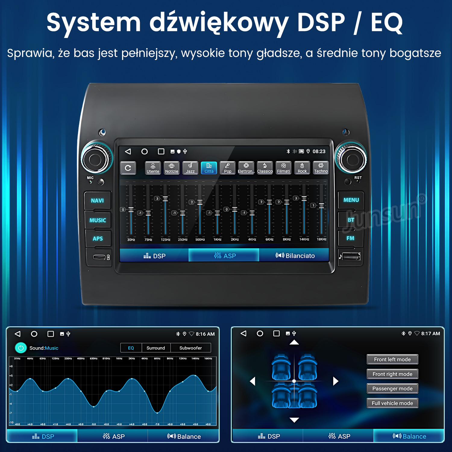 Wyświetlacz radia samochodowego z ustawieniami DSP/EQ, korektorem i trybami dźwięku.