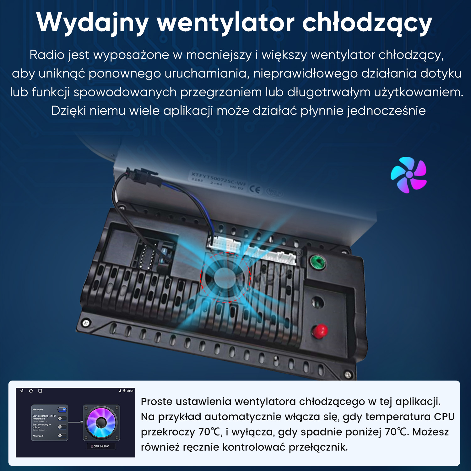 Wentylator chłodzi radio. Aplikacja pokazuje ustawienia i temperaturę CPU.