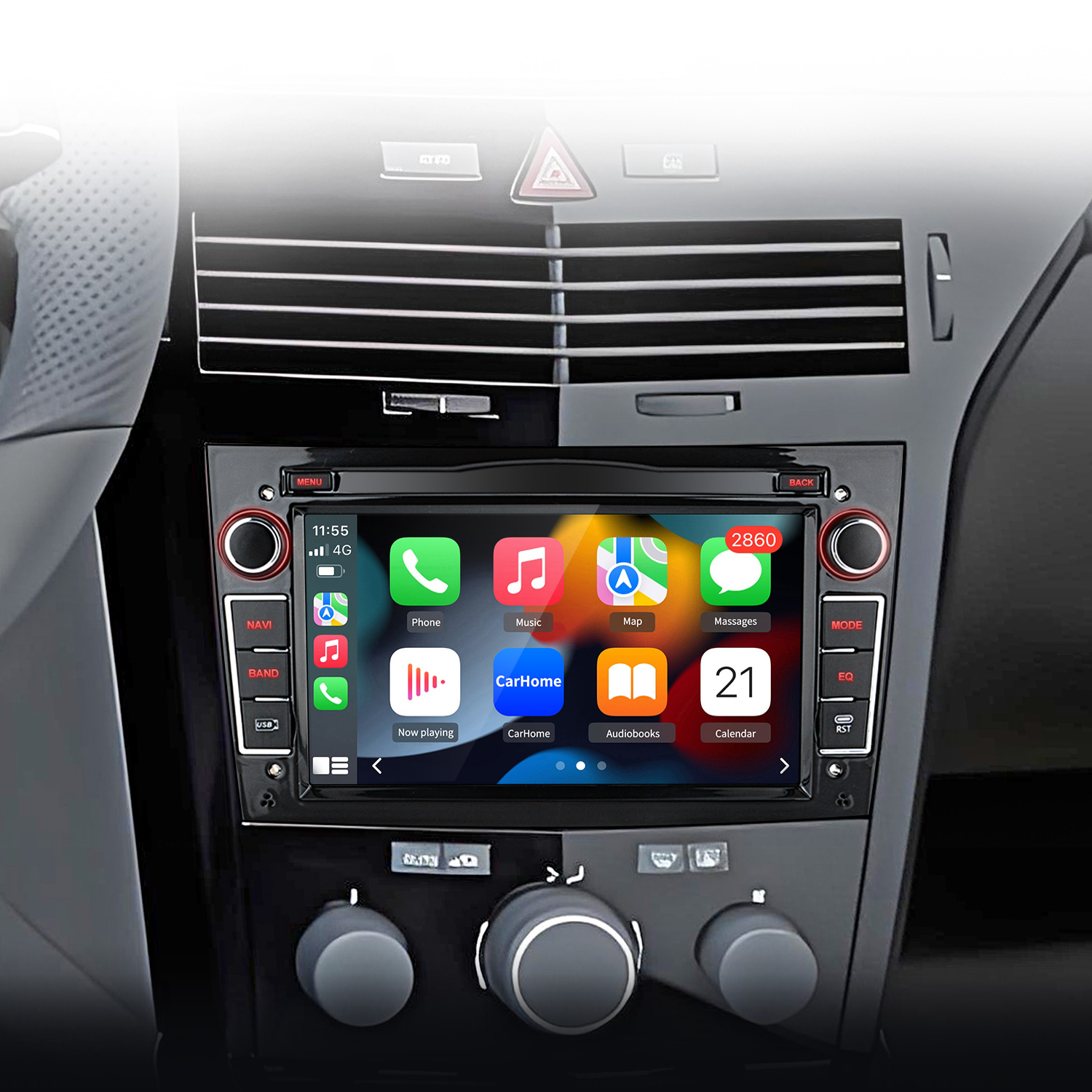 System infotainmentu samochodowego z ekranem dotykowym wyświetlający aplikacje takie jak Telefon, Muzyka i Kalendarz.