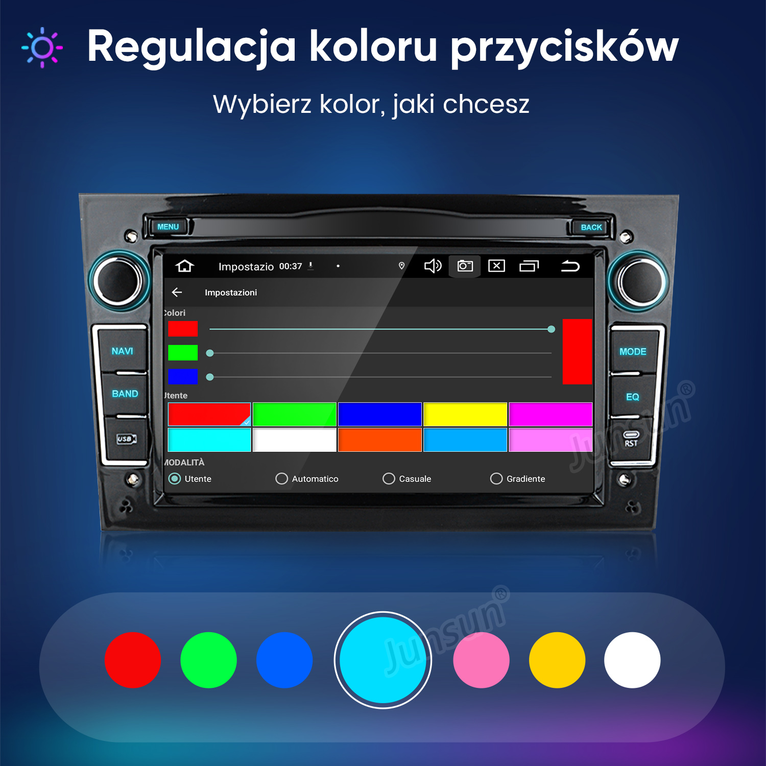 Wyświetlacz samochodowy z opcjami kolorów przycisków. Dostępne kolory.