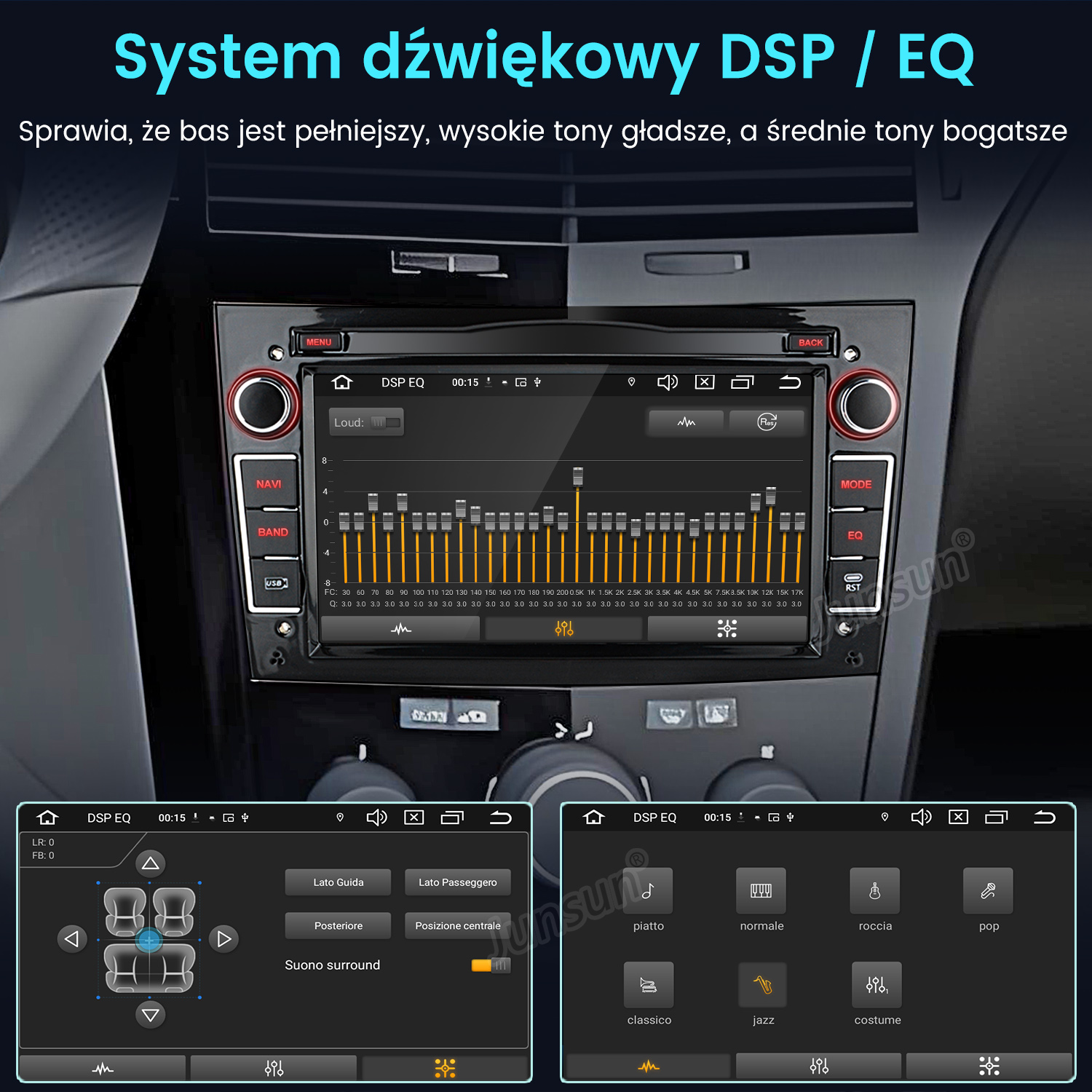 System multimedialny samochodu z ustawieniami DSP/EQ i wykresem korektora.