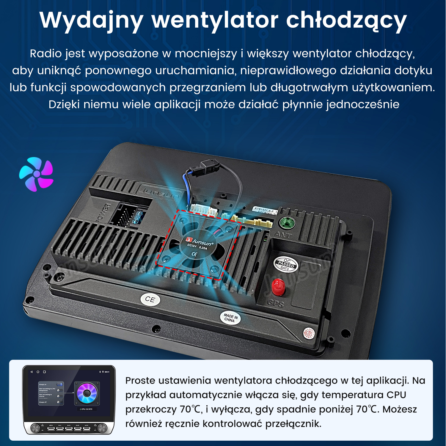 Tył radia samochodowego z wentylatorem, GPS i portami.