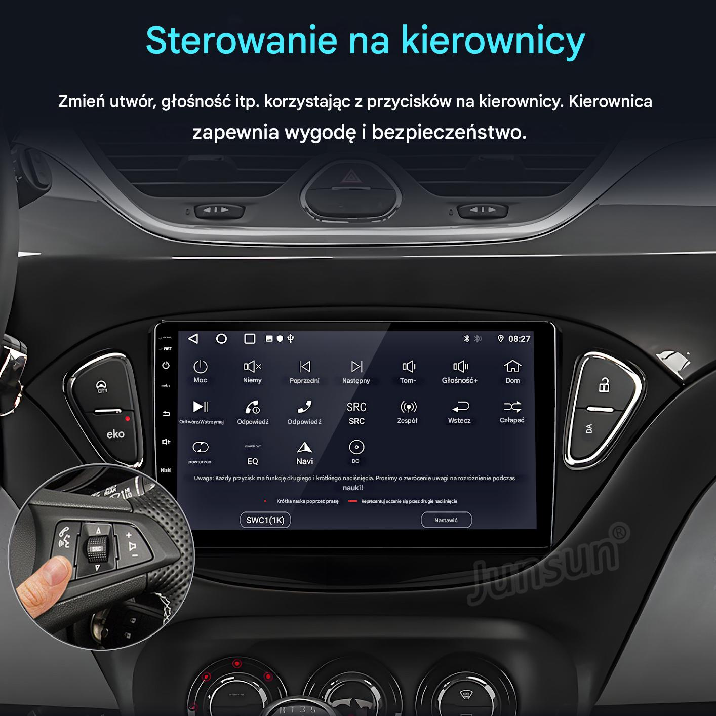 Palec naciska przyciski na kierownicy samochodu, aktywny jest system multimedialny.