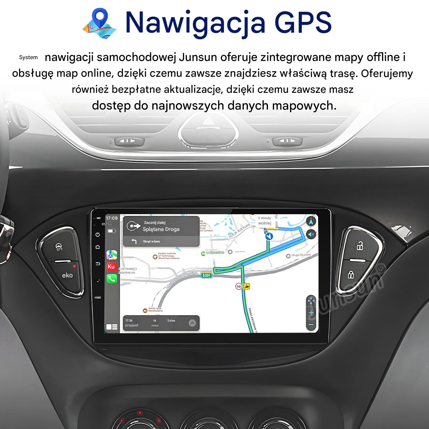 System nawigacji samochodowej pokazuje mapę z trasą, ruchem i czasem.