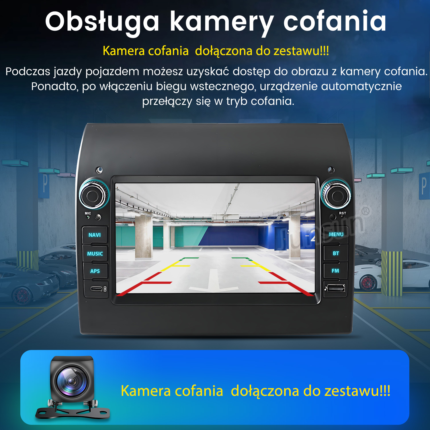 Radio samochodowe wyświetla widok z kamery cofania z parkingu.