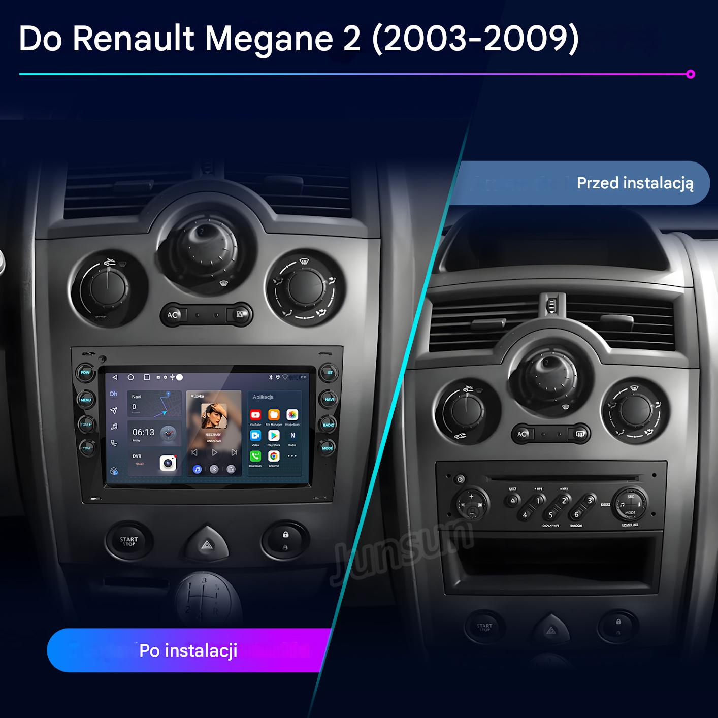 Porównanie radia samochodowego do Renault Megane 2 przed i po instalacji.