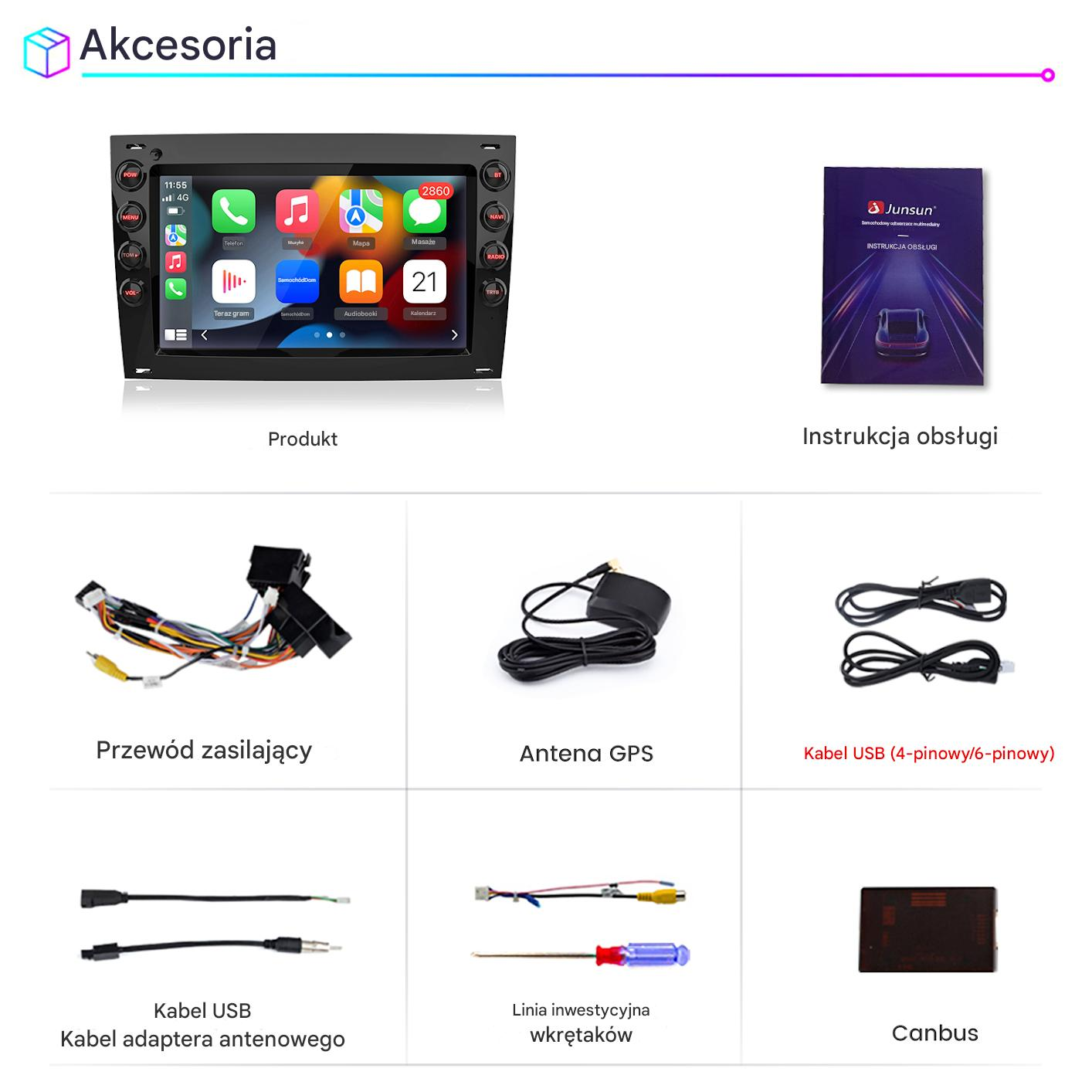 System multimedialny do samochodu z akcesoriami: kable, antena, instrukcja, Canbus.