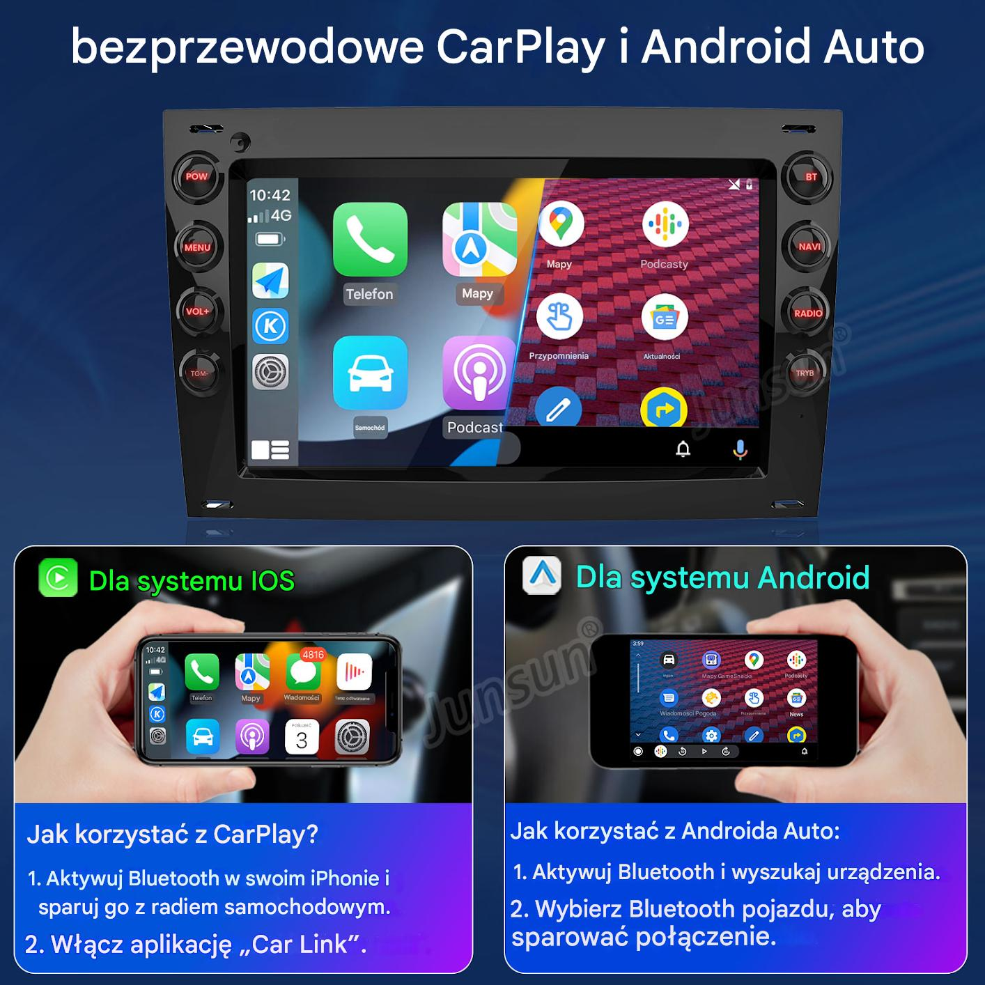 System Infotainment w samochodzie wyświetla CarPlay i Android Auto z ikonami aplikacji.