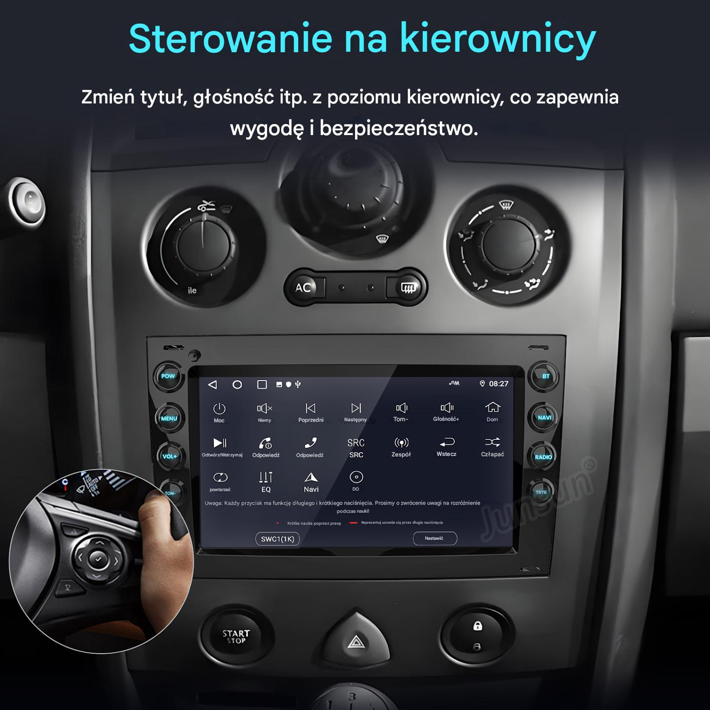 System infotainmentu samochodowego z przyciskami na kierownicy i menu dotykowym.