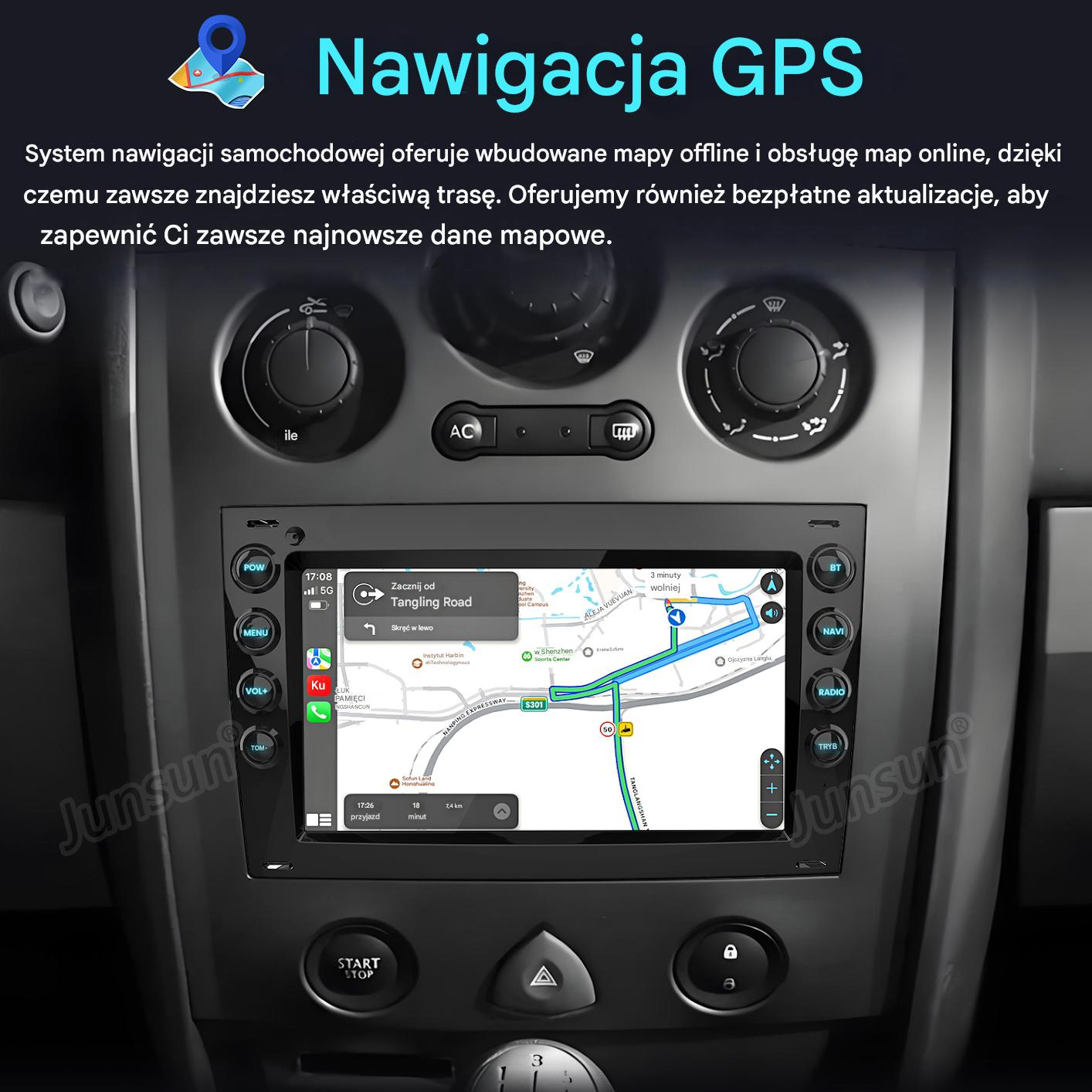Deska rozdzielcza samochodu z ekranem nawigacji GPS pokazującym trasę. Przyciski.