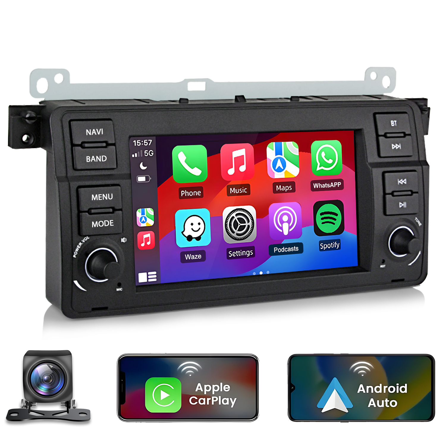 Radio samochodowe z ekranem dotykowym, ikonami aplikacji, kamerą cofania, iPhone i Android Auto.