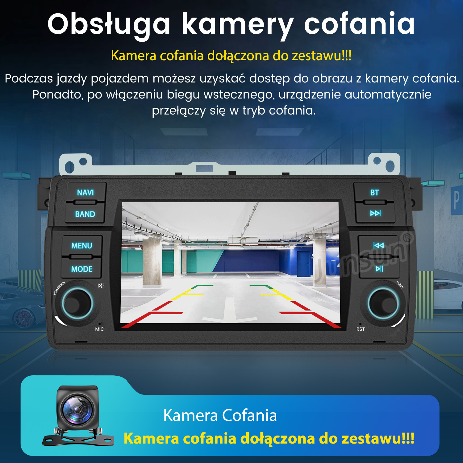 Radio samochodowe pokazuje widok kamery cofania z liniami parkowania. Poniżej znajduje się kamera.