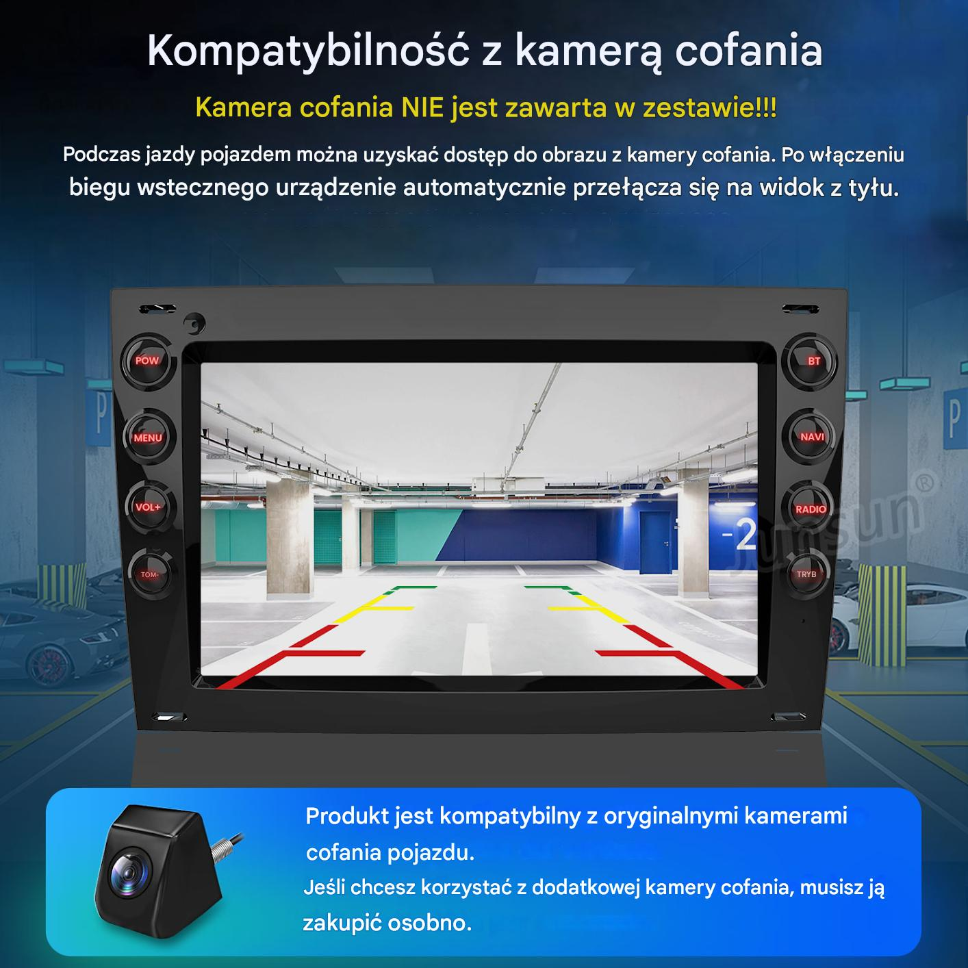 Radio samochodowe wyświetla widok parkingu z kamery cofania.