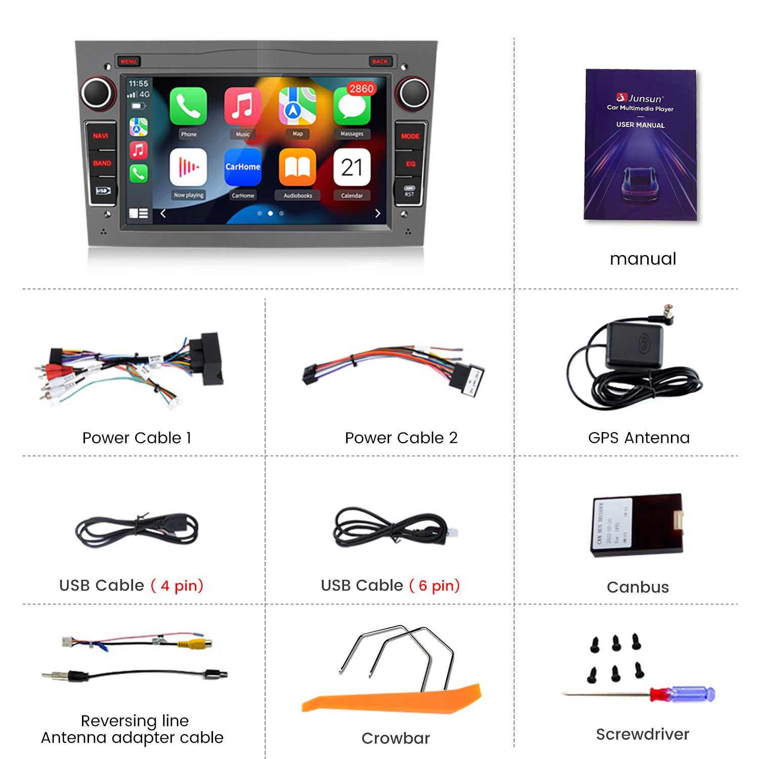 Odtwarzacz multimedialny do samochodu z akcesoriami: kable, antena GPS, instrukcja i narzędzia.