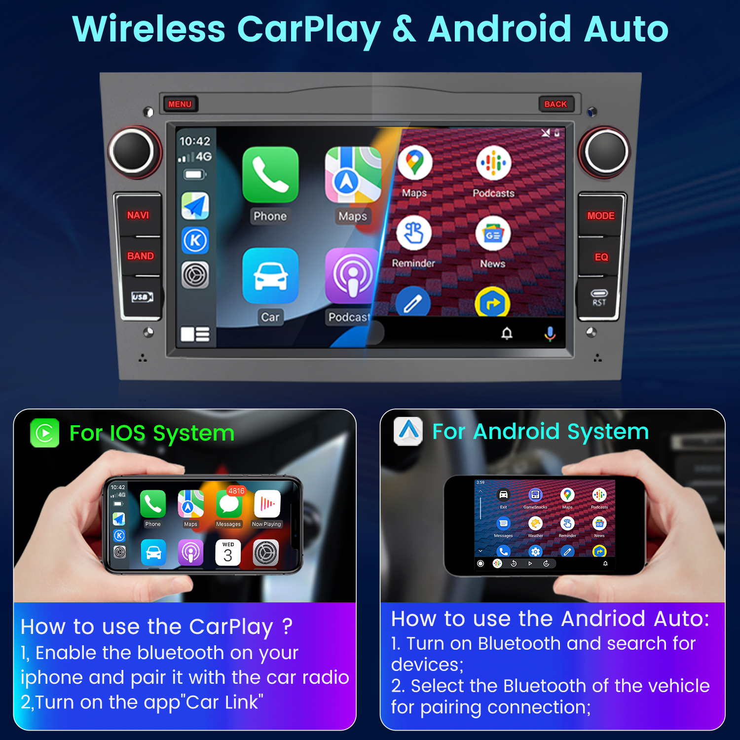 Ekran CarPlay/Android Auto z widokami i instrukcjami telefonów iPhone i Android.