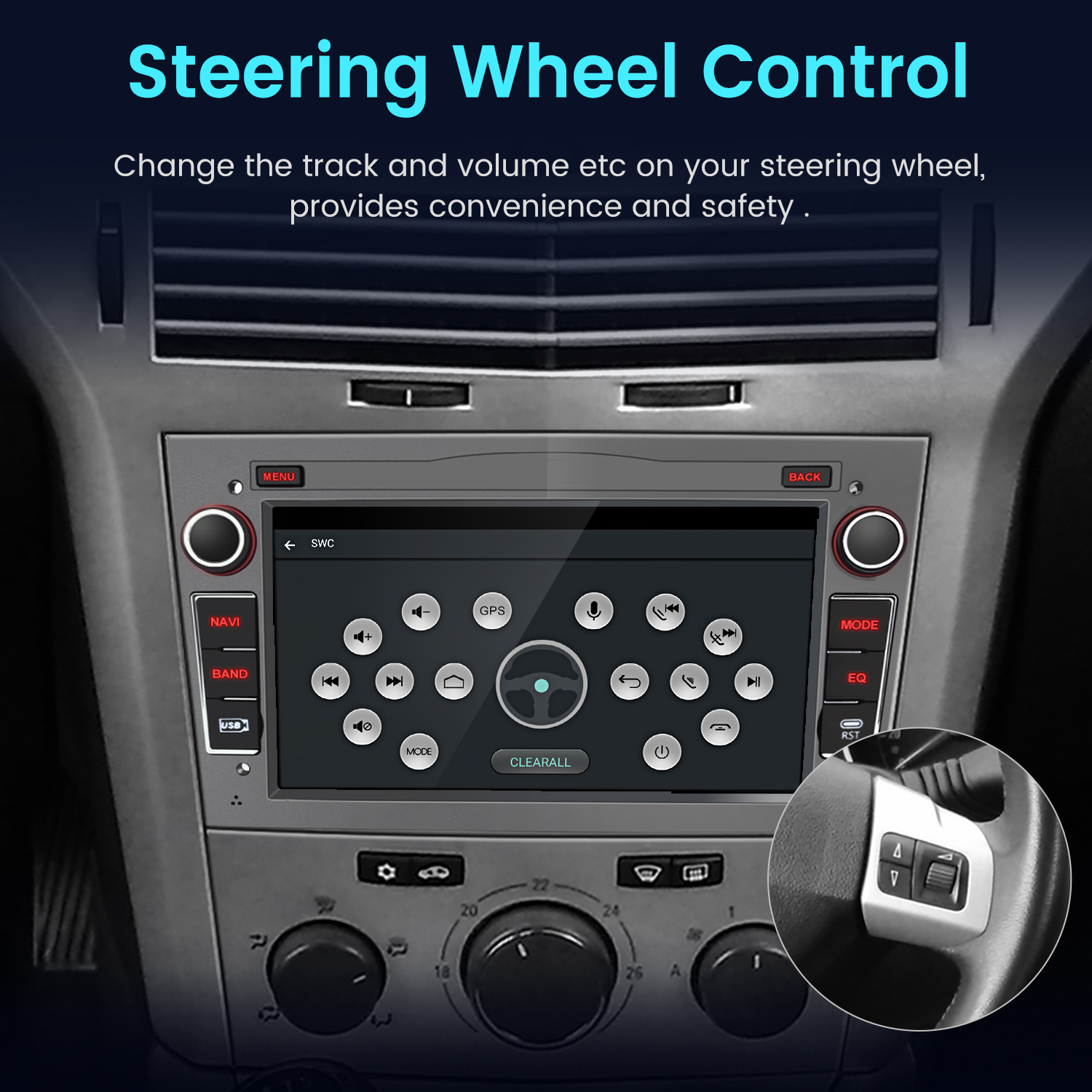 Radio samochodowe z przyciskami na kierownicy i ekranem dotykowym.