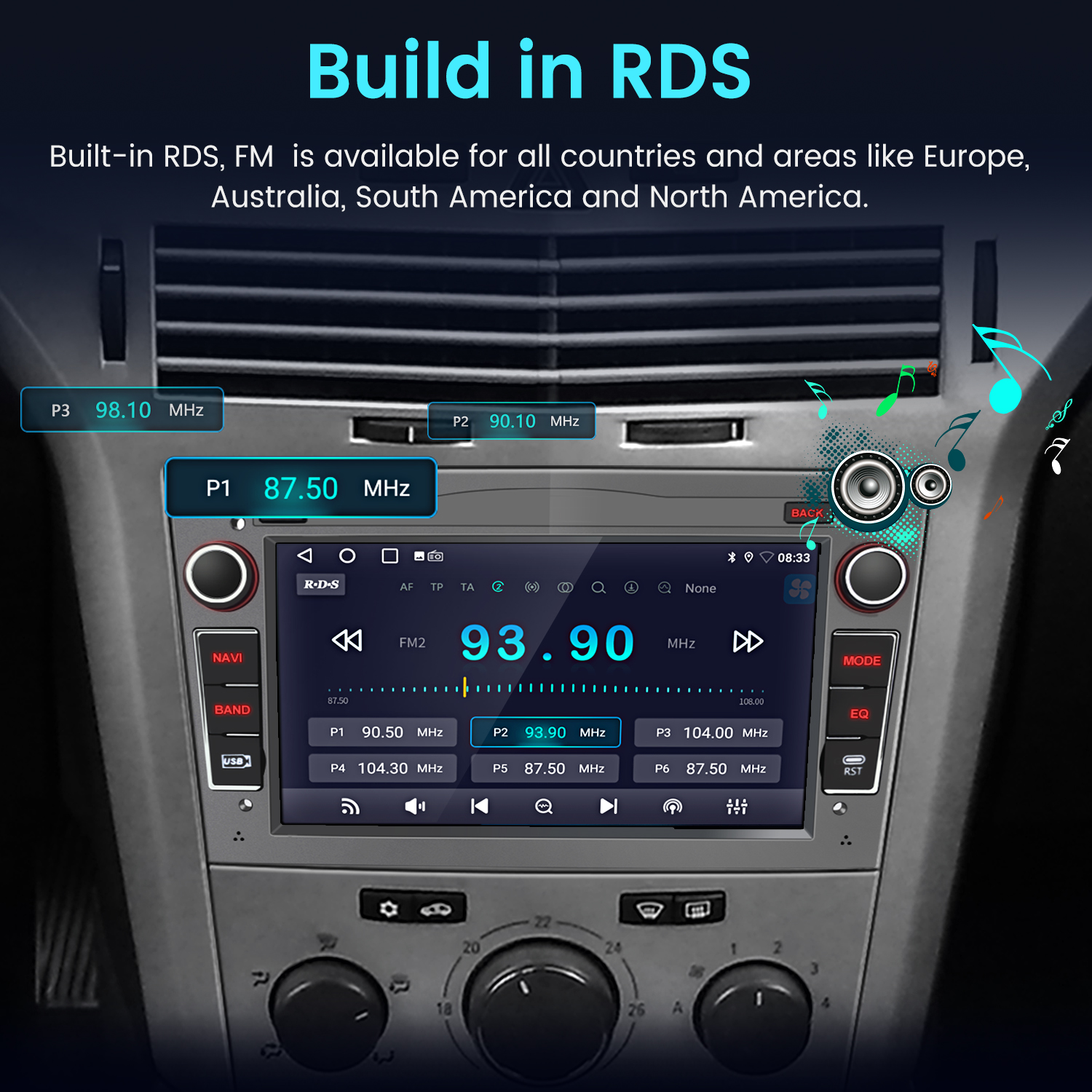 Wyświetlacz radia samochodowego pokazuje 93.90 MHz z zaprogramowanymi stacjami.