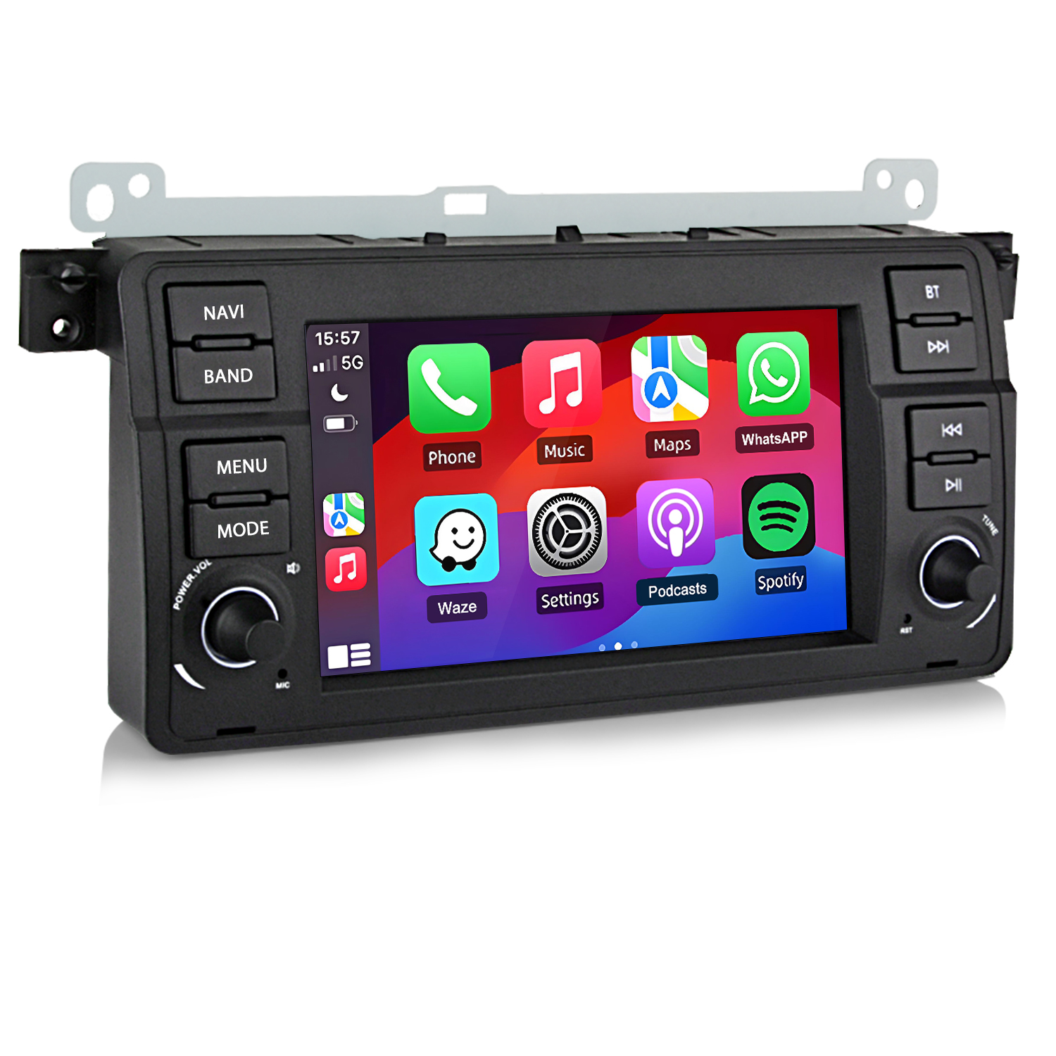 Un touchscreen per autoradio mostra icone app: Telefono, Musica, Mappe, WhatsApp, Waze, Spotify.